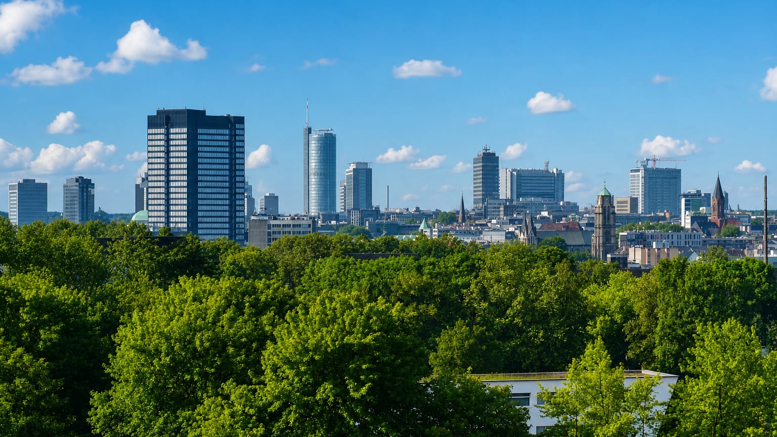 Essen's downtown skyline of modern office towers rising above a green tree line