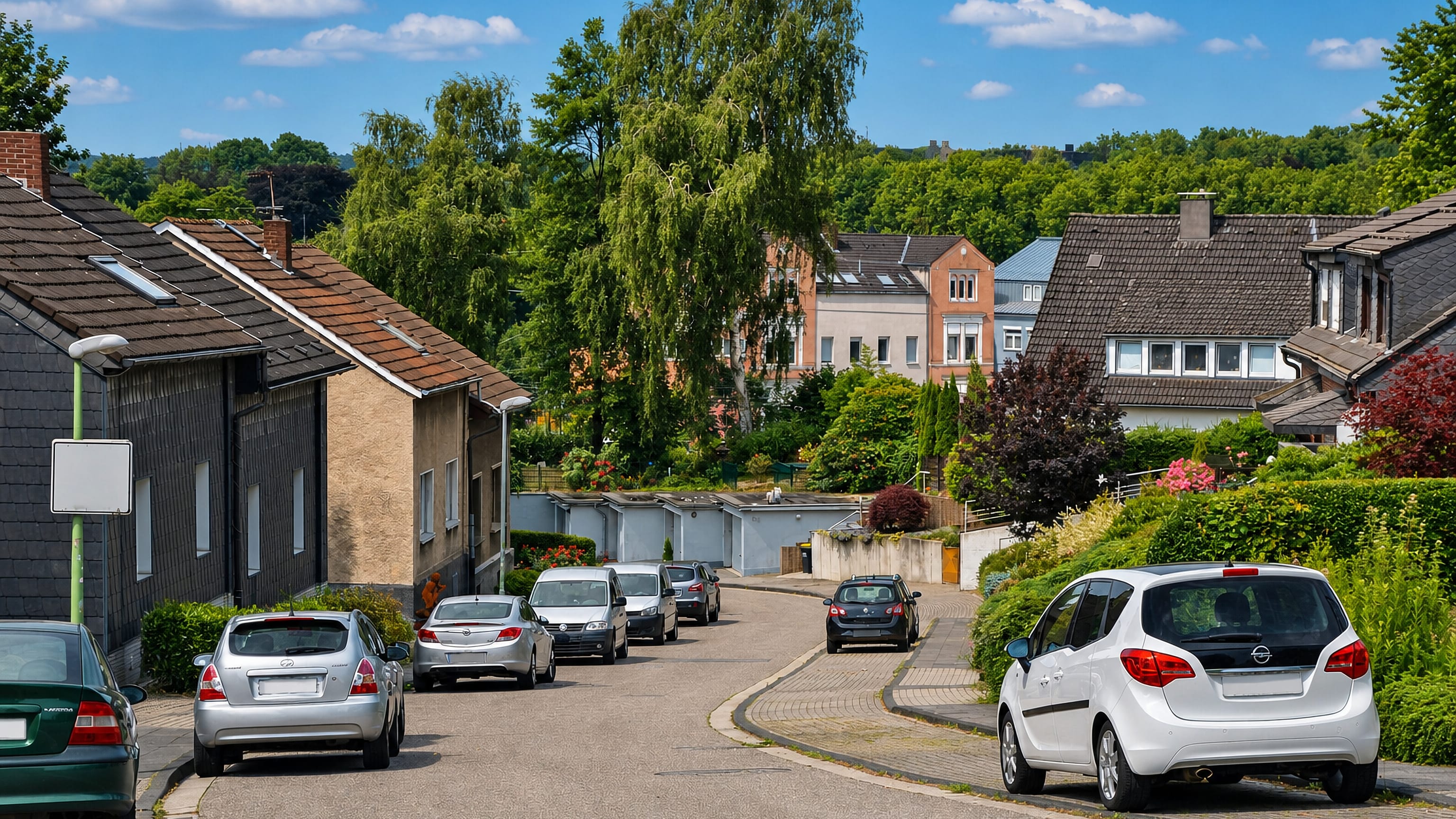 Parked cars on a sloping residential street of brick houses and hedges in Kray, eastern Essen.