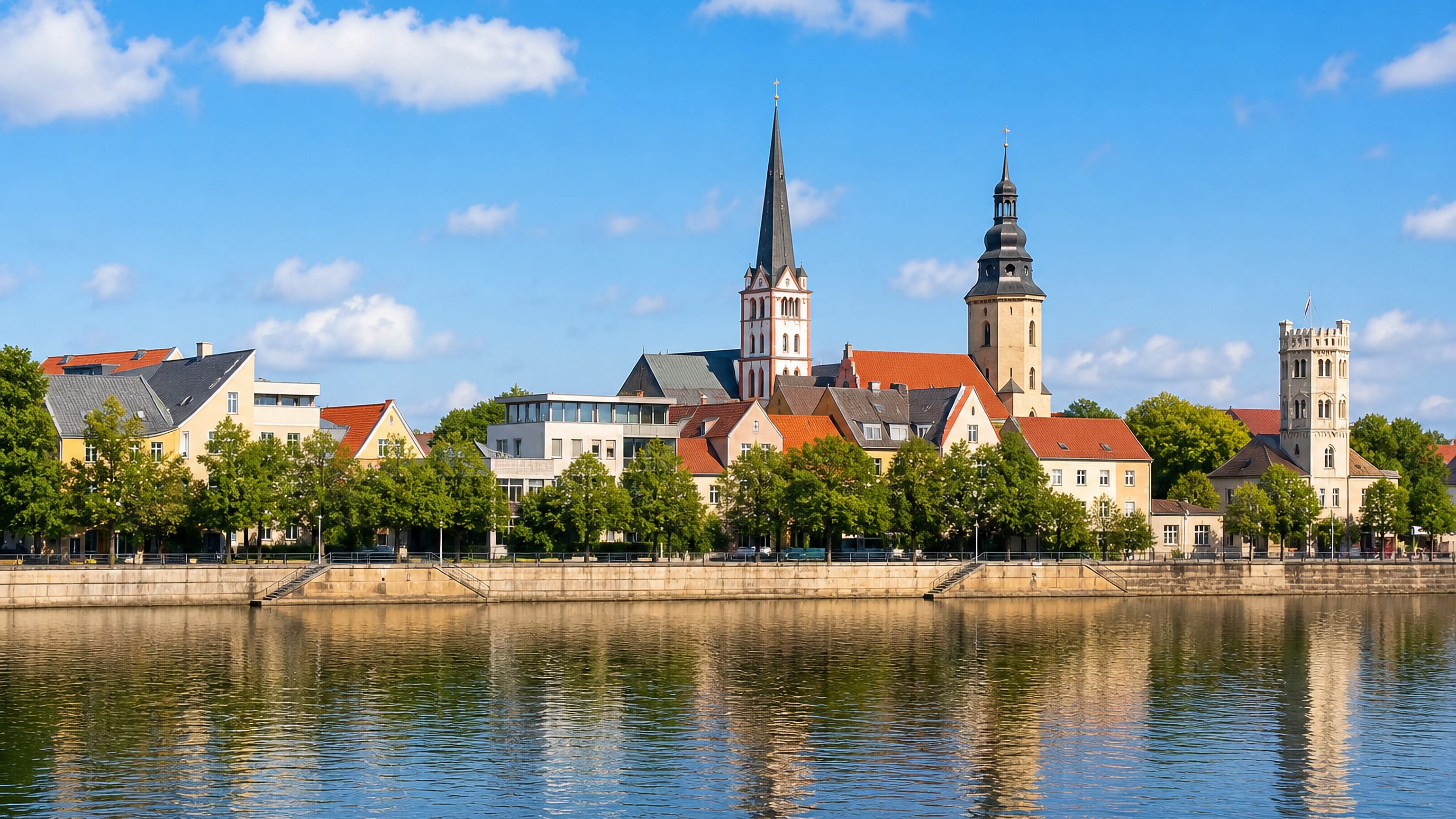 Historic riverside town with church spire and stone towers mirrored in the water at Schonebeck, Essen.