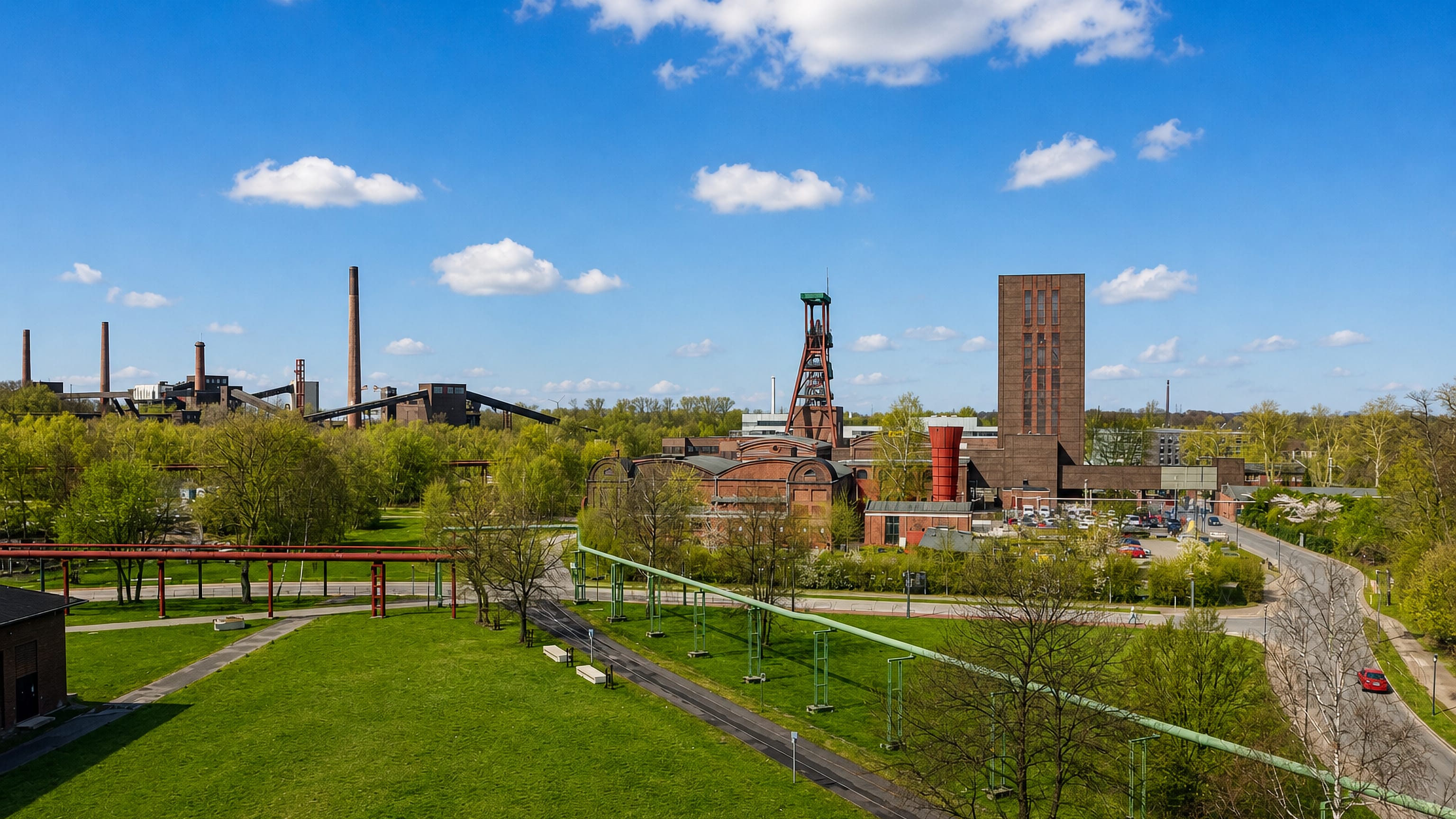 Historic colliery headframe and red-brick industrial halls above green parkland in Stoppenberg, Essen.