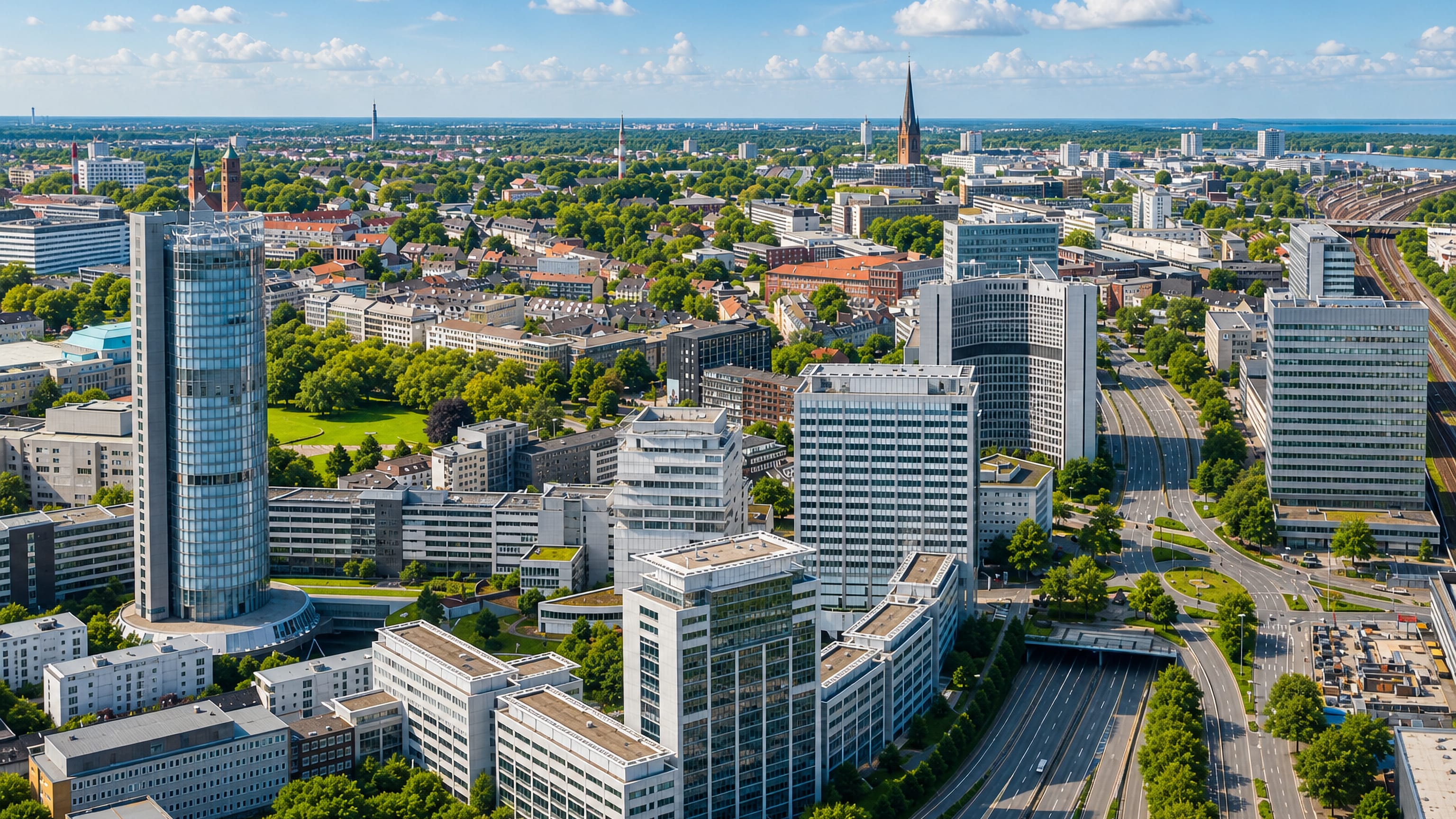 Aerial view of Essen's Südviertel with the cylindrical RWE Tower, Stadtgarten park and office blocks.