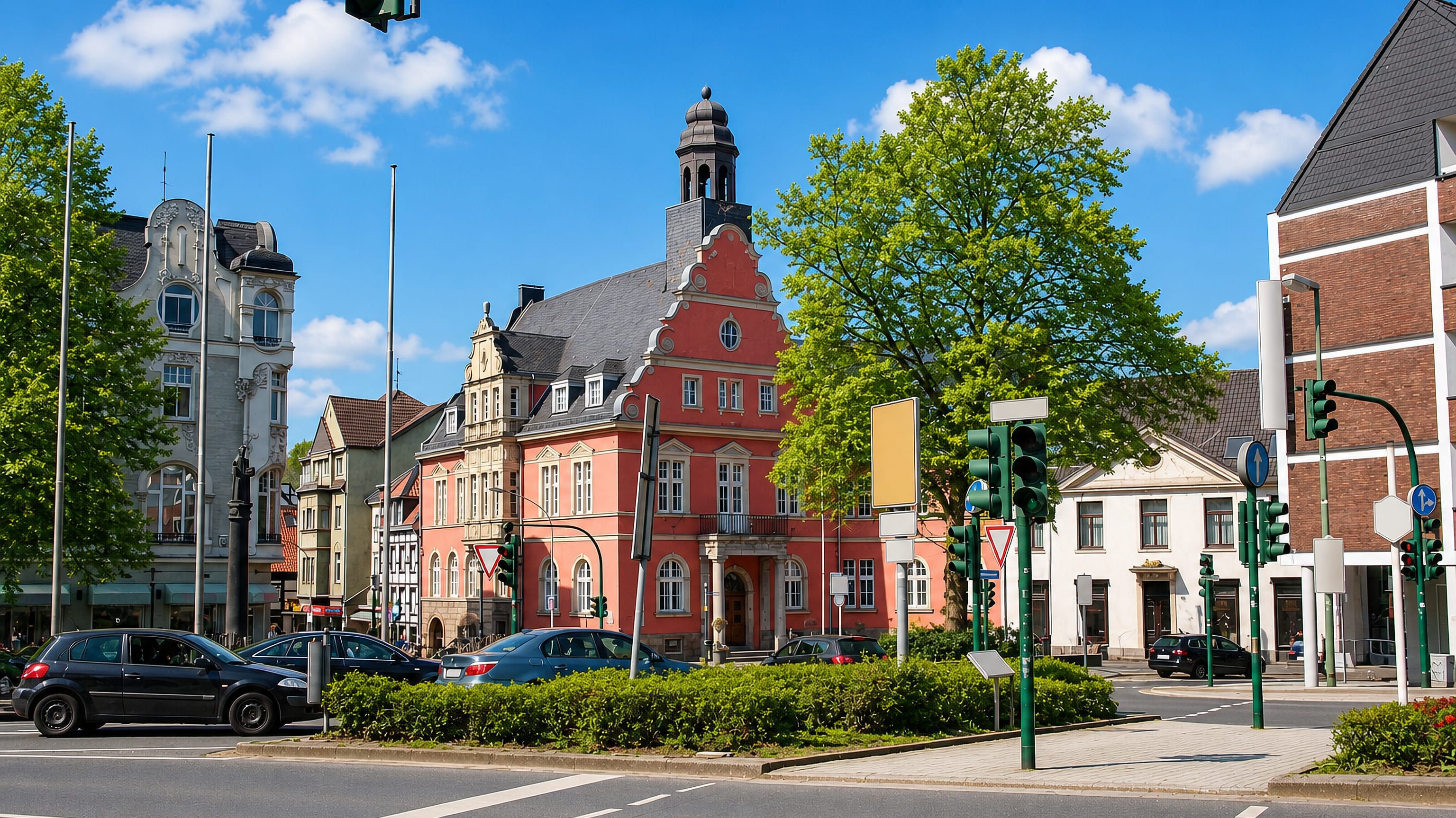Werden's pink baroque town hall with its bell turret facing a leafy square in Essen.
