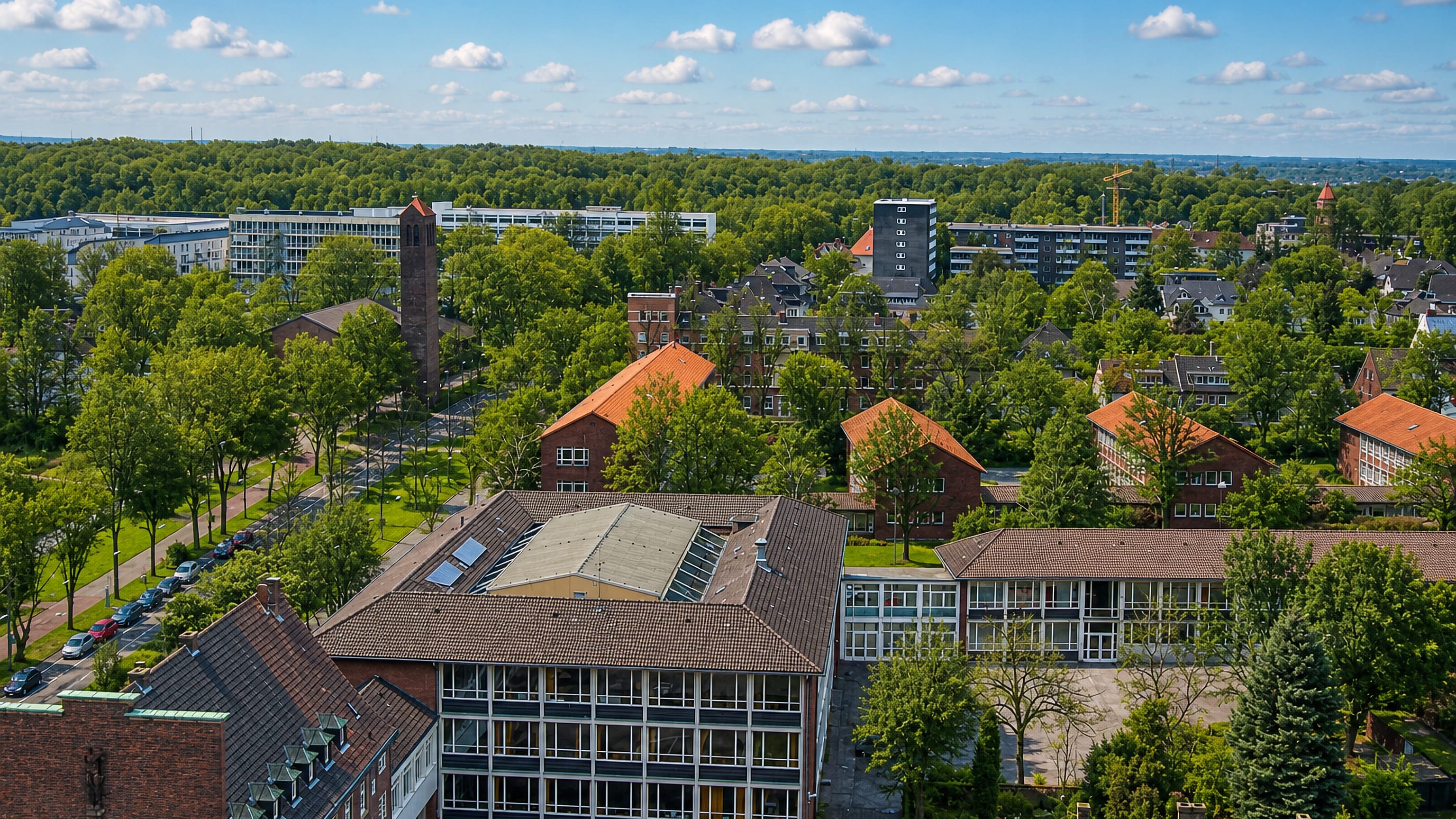 Rooftops, a brick church tower and green streets seen over Buer in Gelsenkirchen.