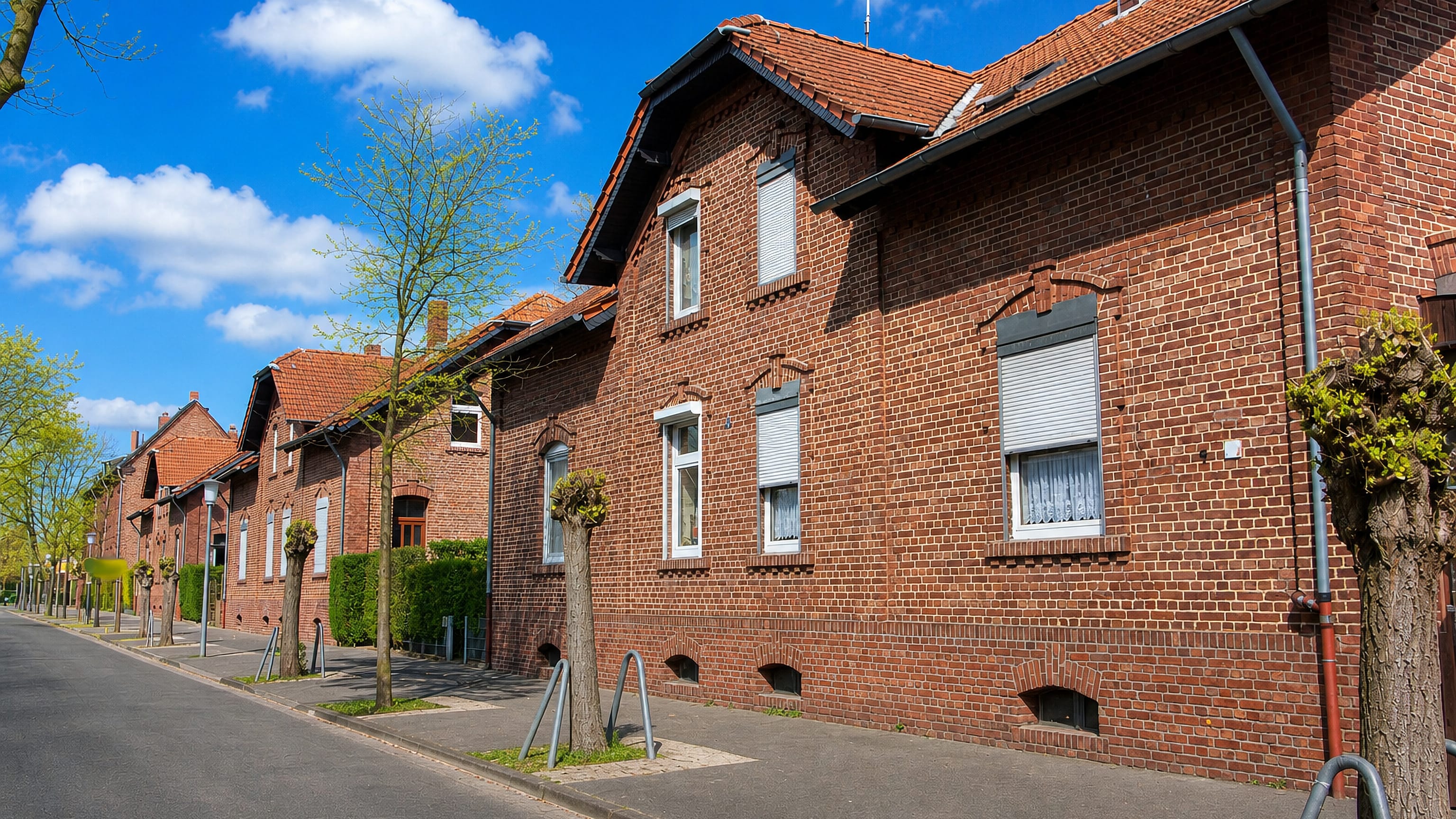 Red-brick miners' terraces with pollarded trees lining a quiet residential street in Rentfort.