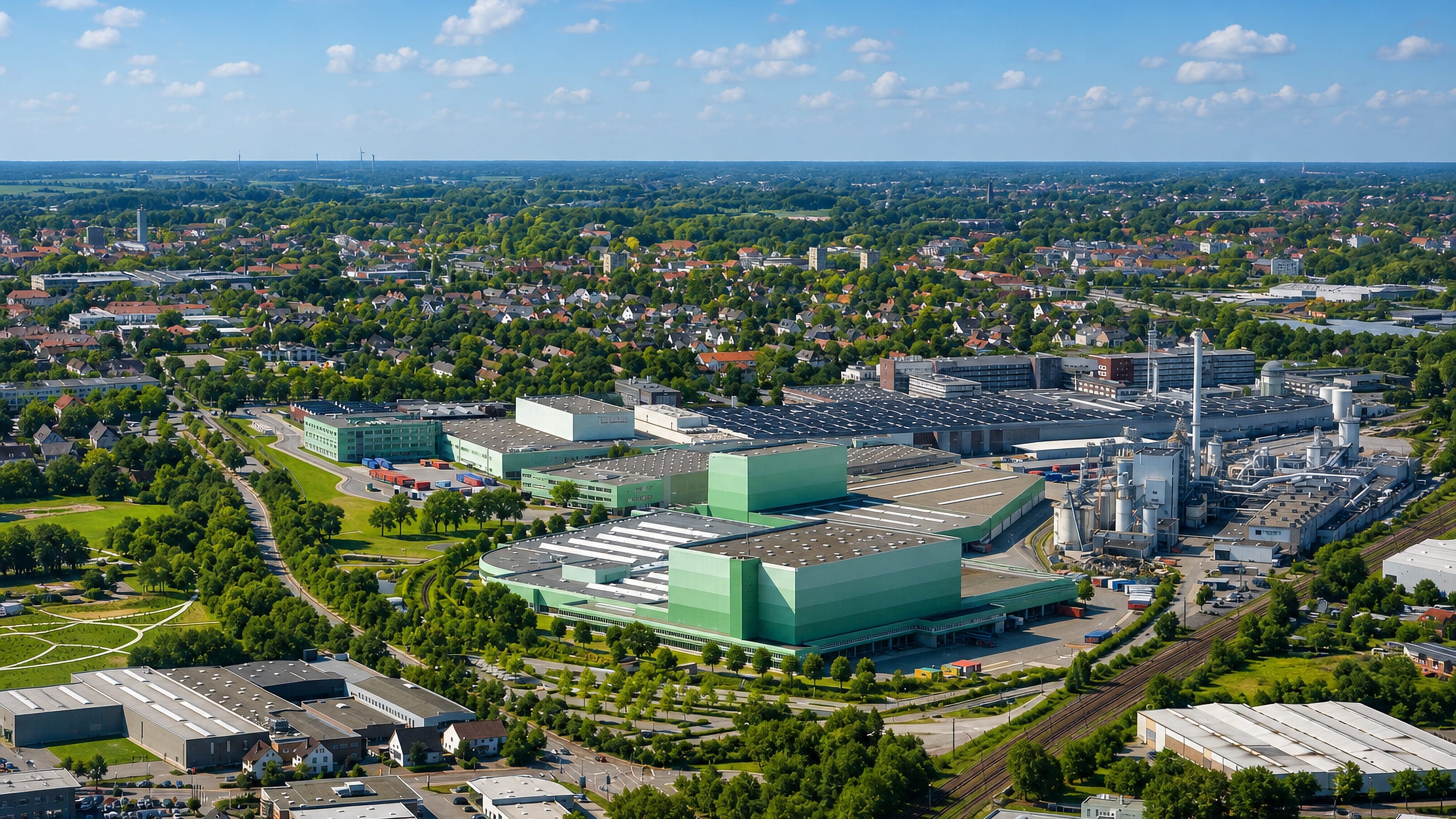 Aerial view of factory halls, rail lines and housing on the edge of Nordhorn, Gütersloh.