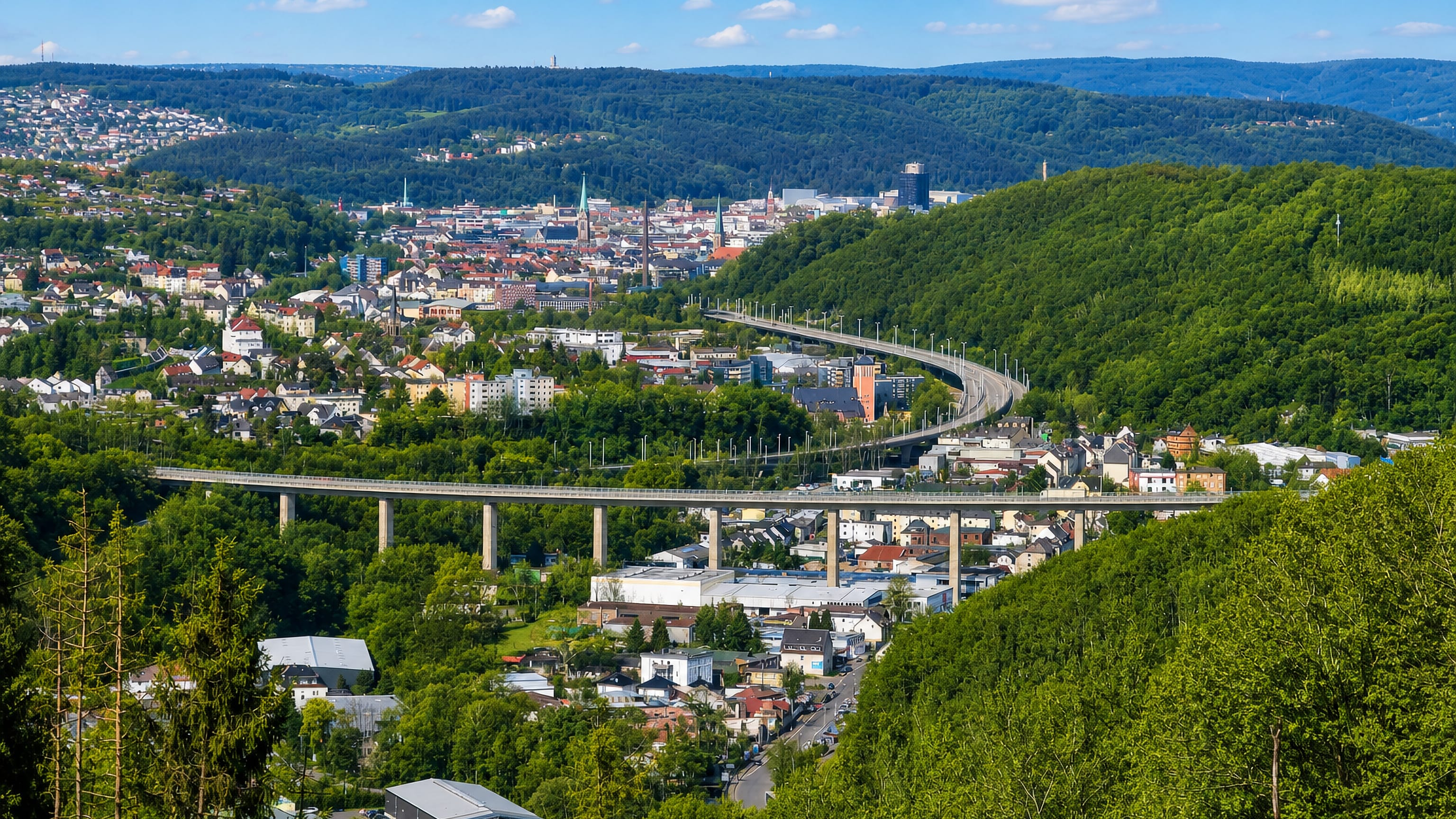 Motorway viaduct curving across the wooded valley below Delstern, with Hagen's centre beyond.