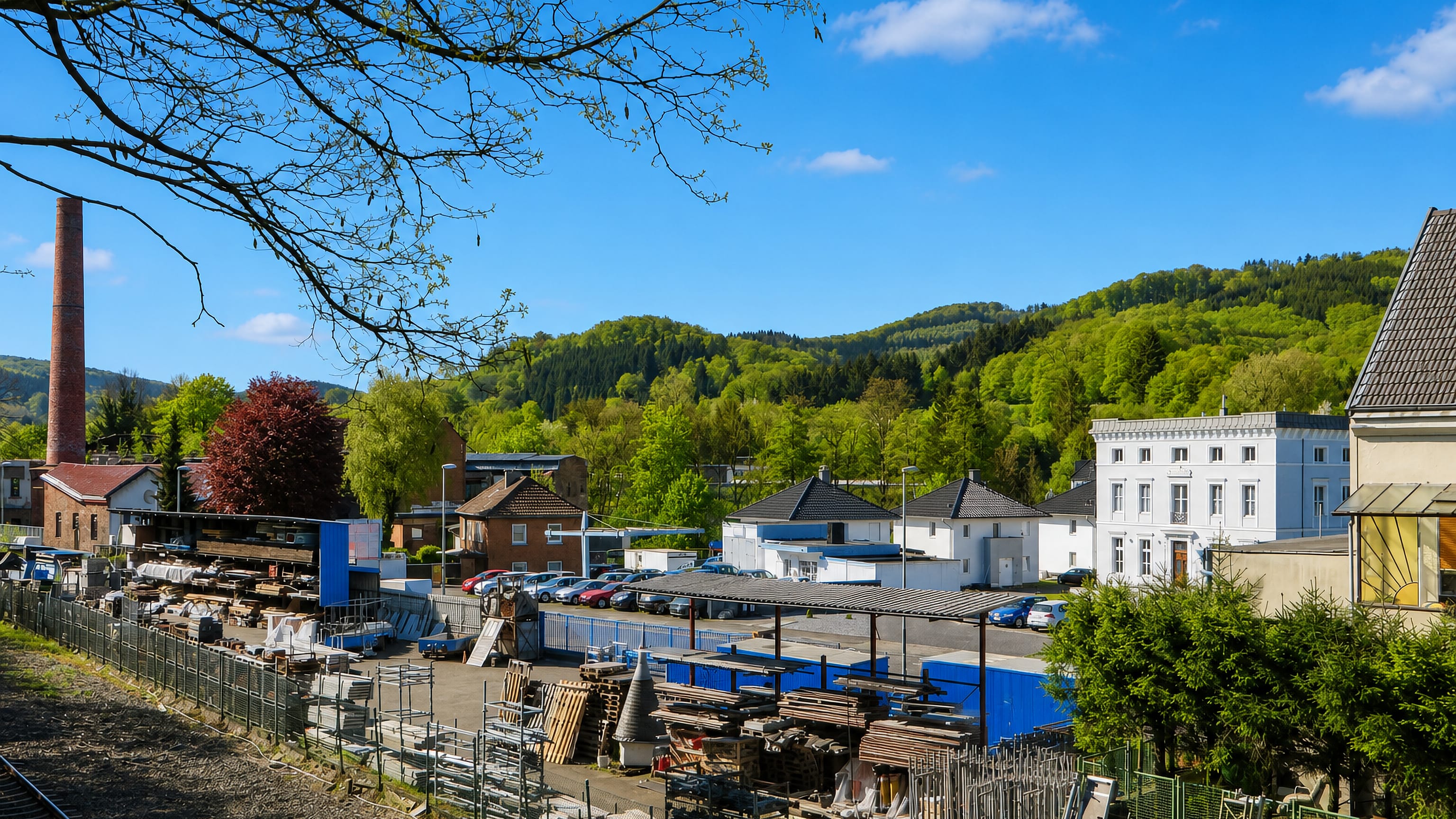 Brick factory chimney and houses beneath wooded hills in Eilpe, a valley district of Hagen.