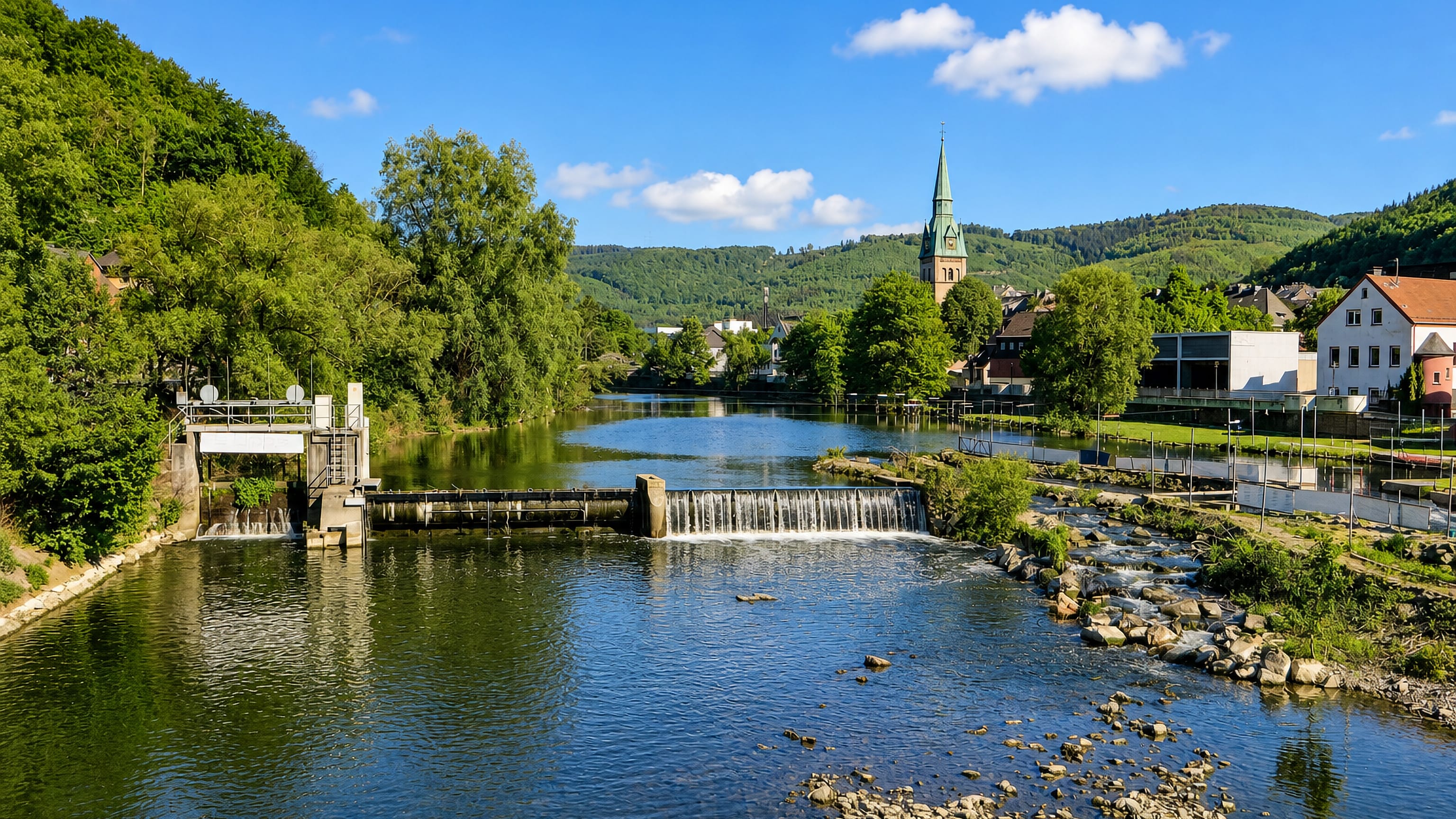 Weir on the river Lenne below wooded hills with a green church spire in Hohenlimburg, Hagen