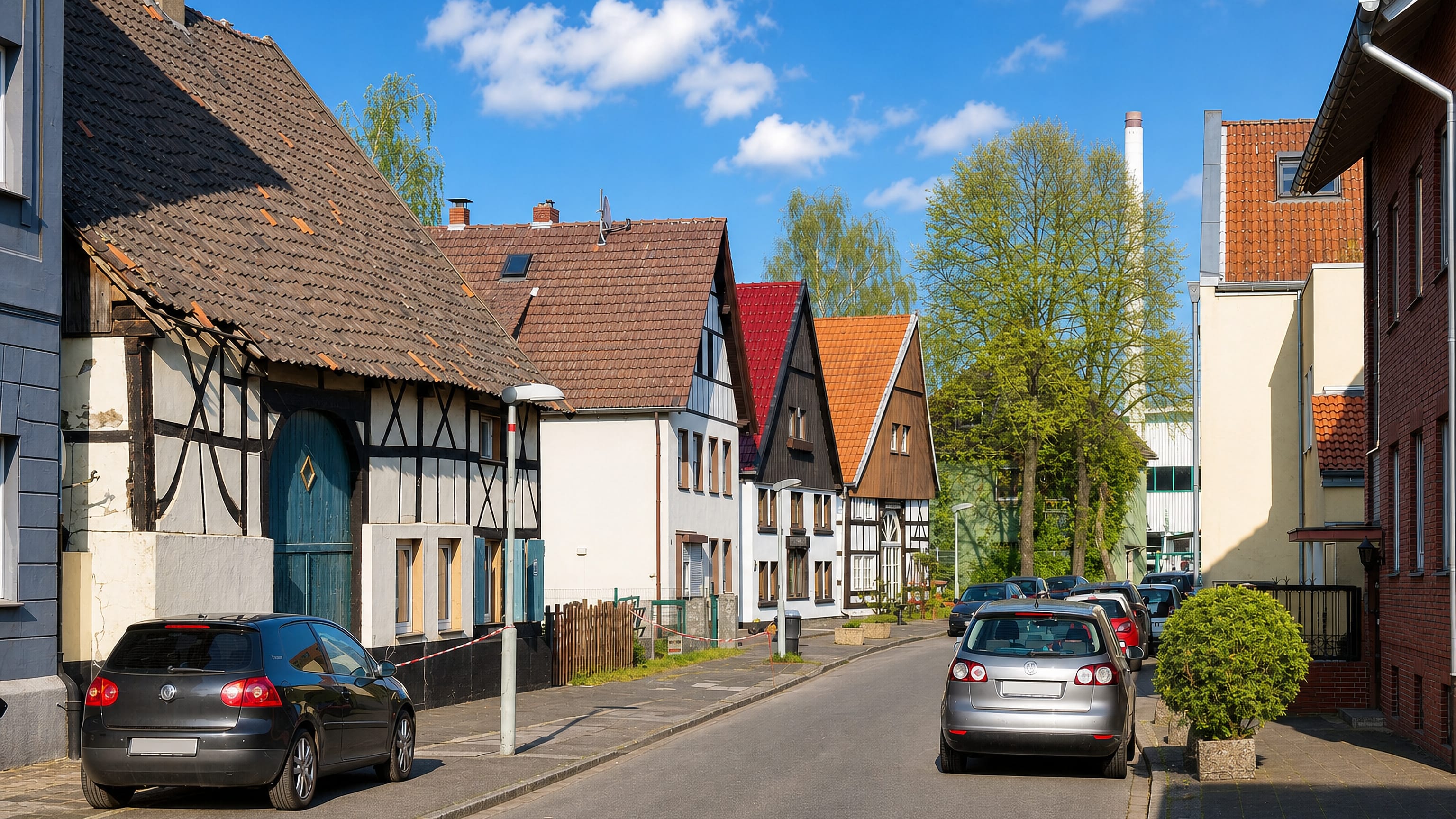 Quiet street of half-timbered houses with an industrial chimney behind in Crange, Herne, Germany