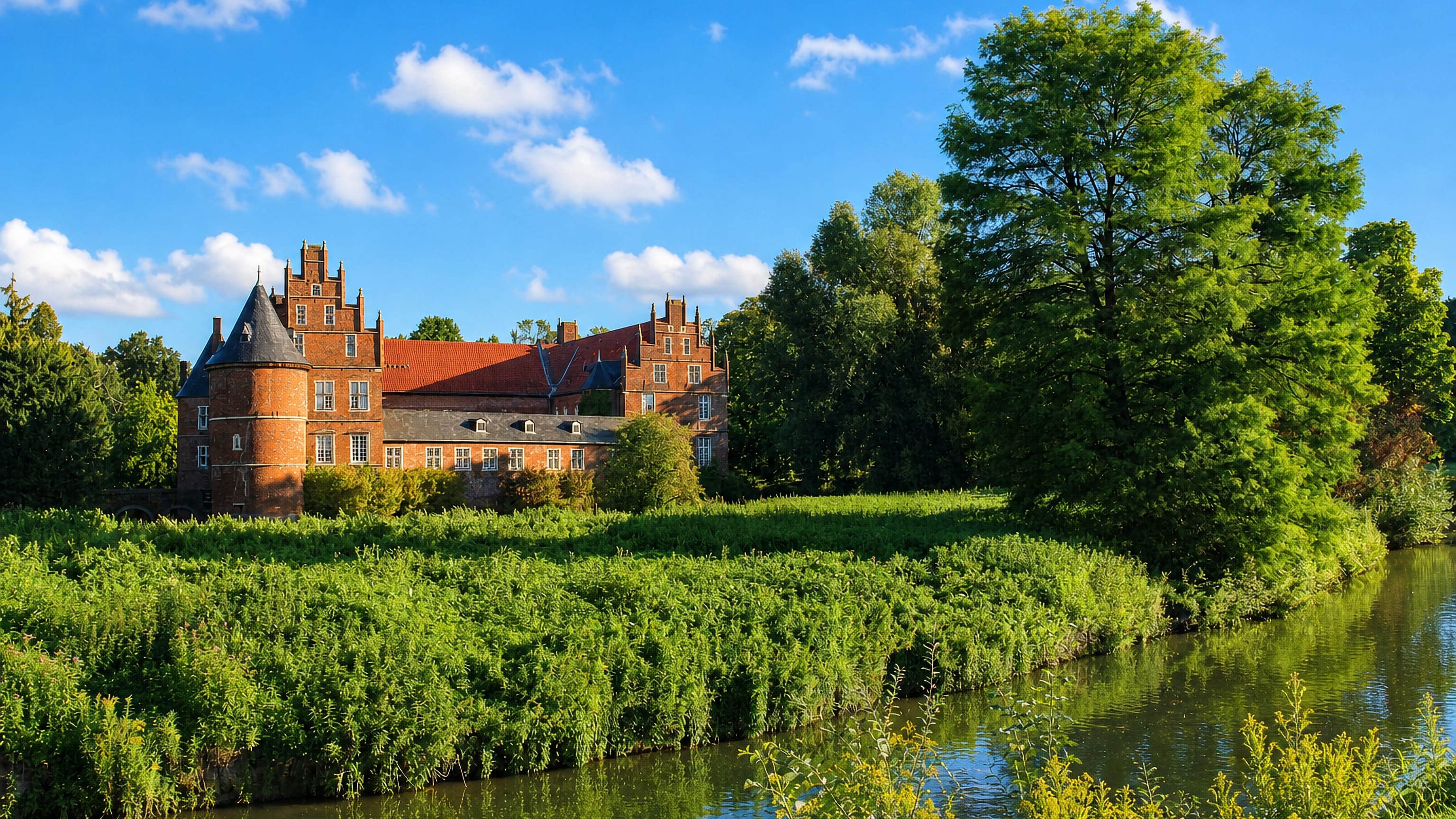 Schloss Herten, the moated red-brick Renaissance castle in Herten, Germany, seen across its water.