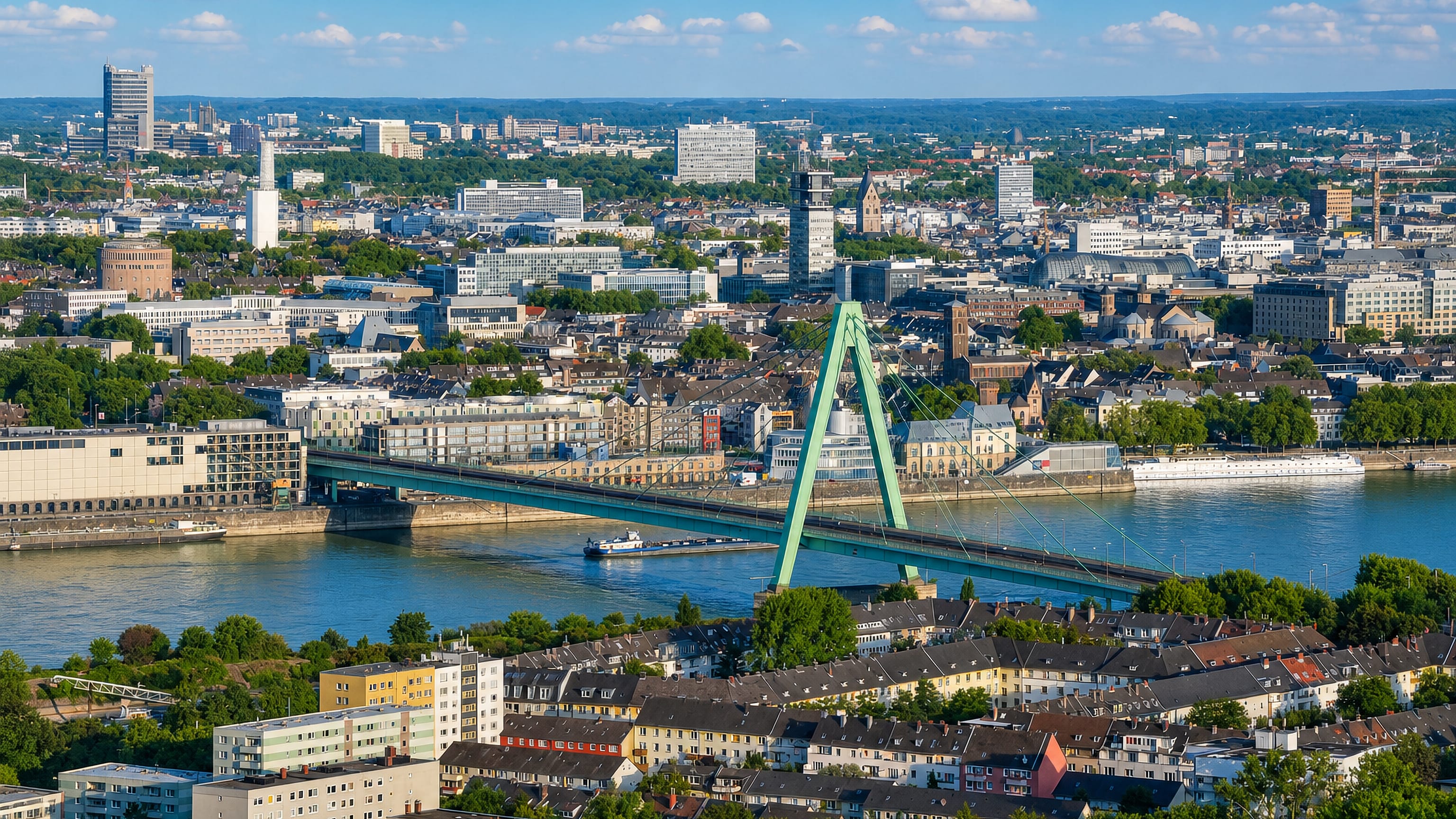 The green Severin Bridge over the Rhine beside the rooftops of Altstadt-Süd, Cologne.