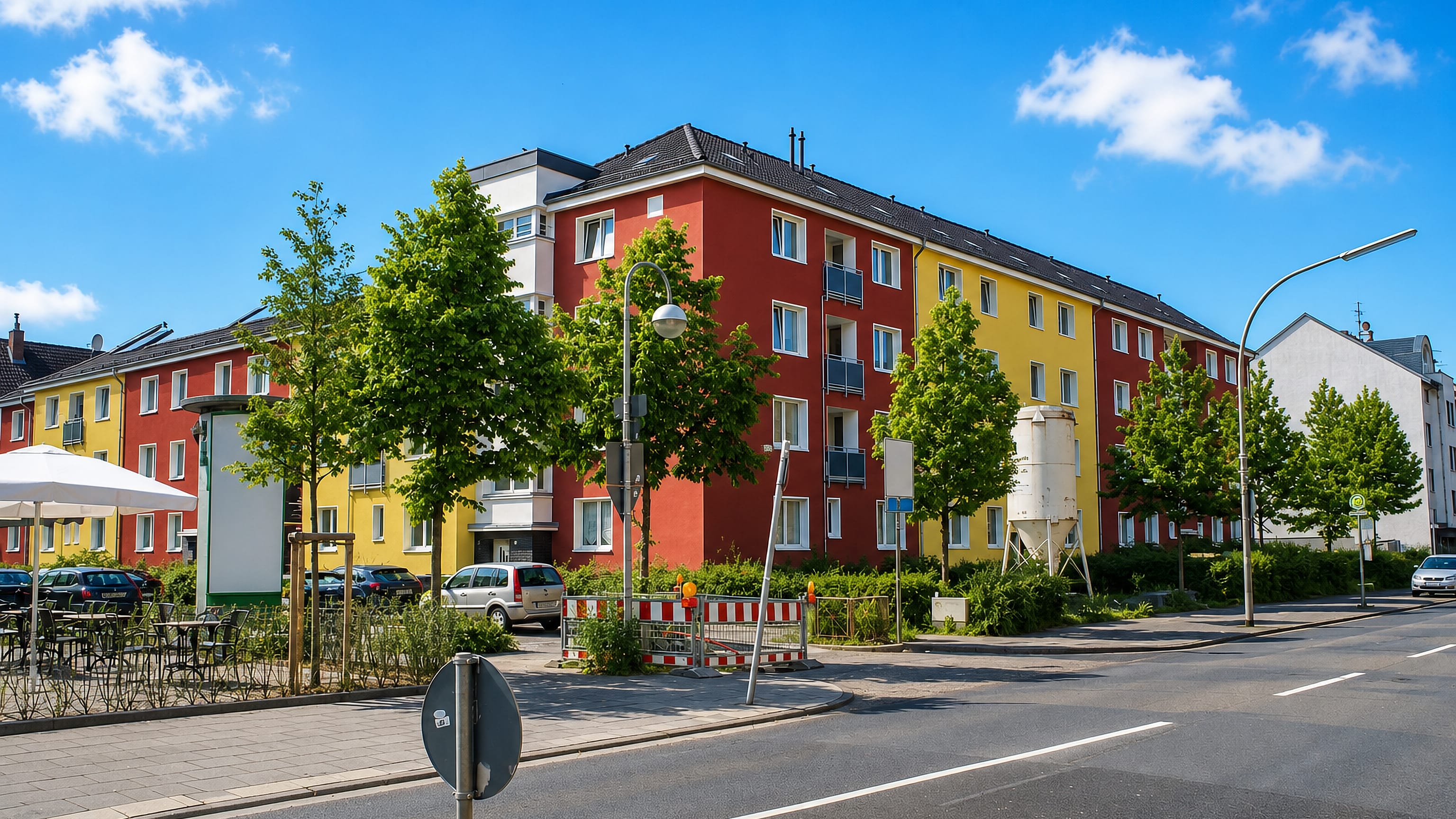 Red and yellow apartment blocks lining a tree-shaded residential street in Humboldtkolonie, Cologne.