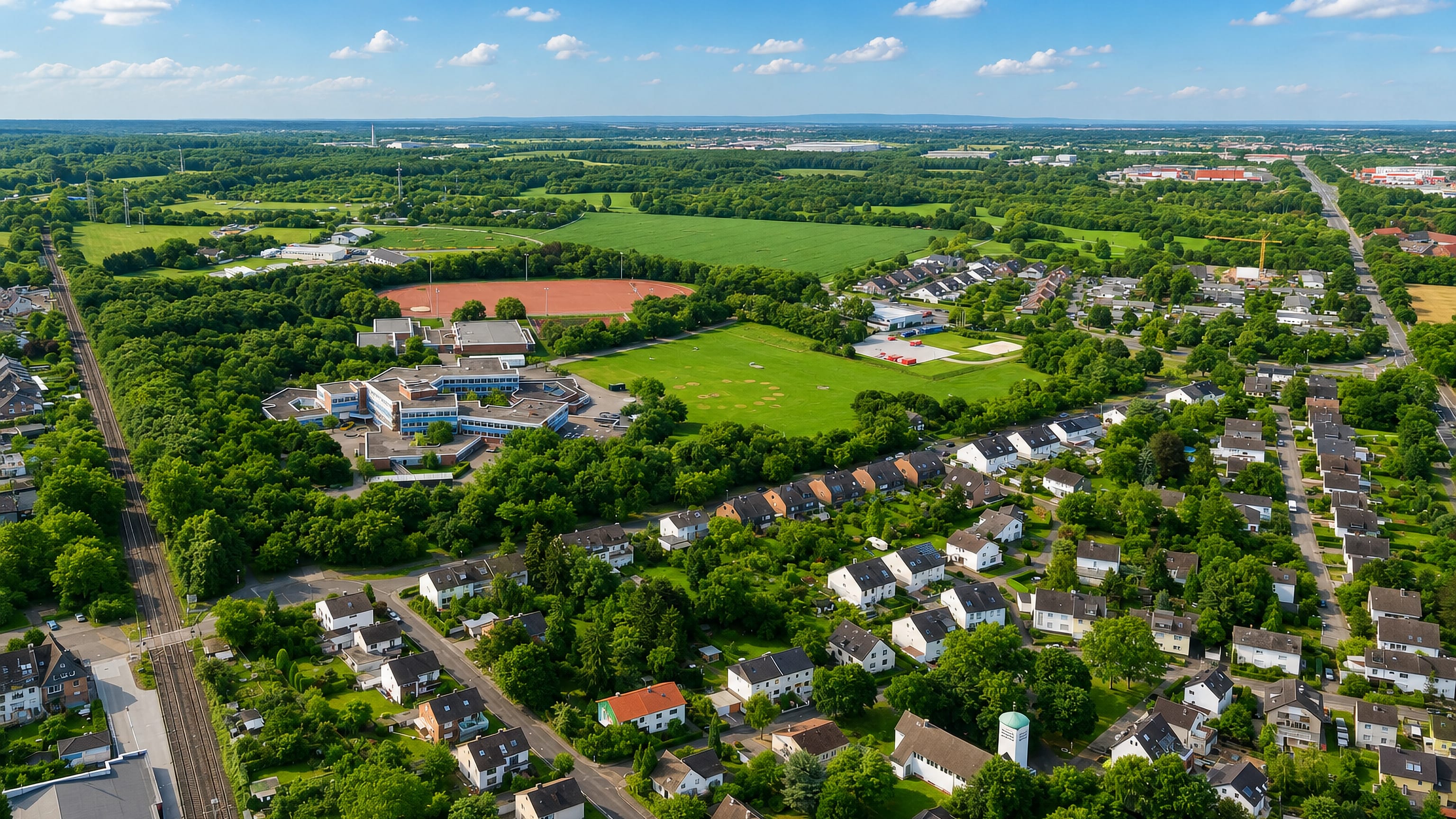 Aerial view over Ostheim in Cologne, with detached houses, sports fields and the railway line in summer.