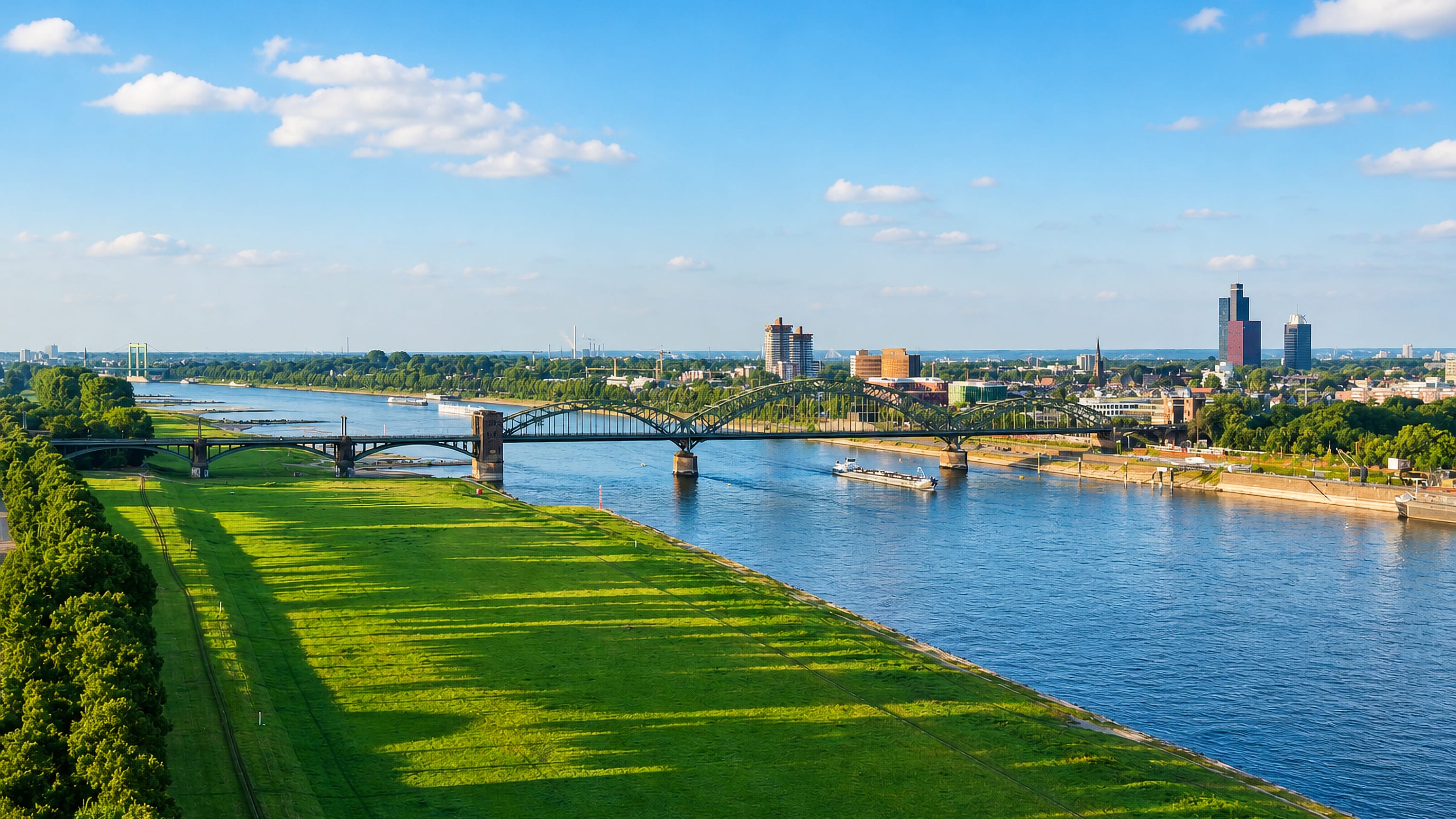 The Rhine meadows and Südbrücke arch bridge at Poll, with Cologne's skyline on the far bank.