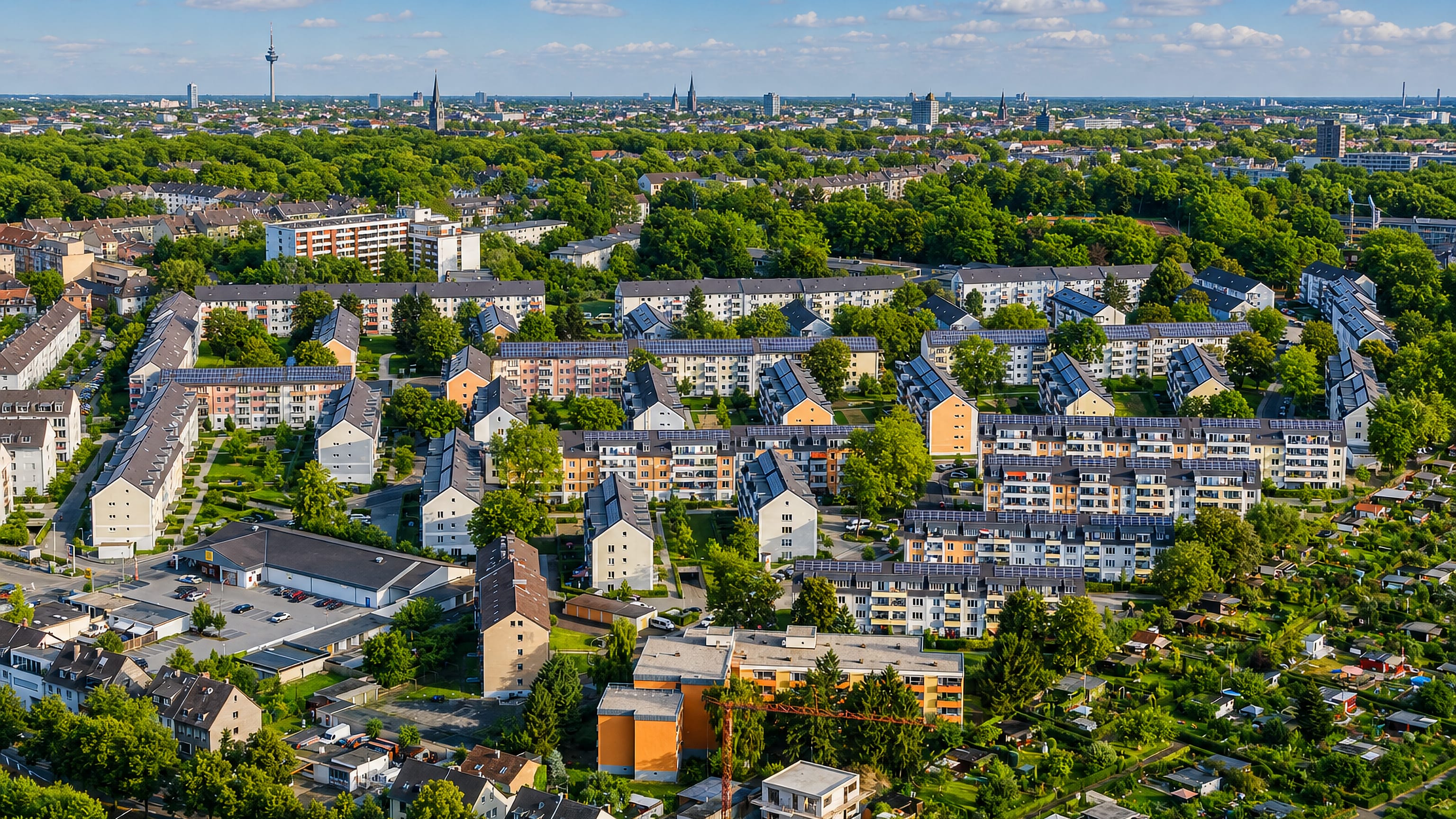 Aerial view over leafy post-war housing blocks in Vingst with the Cologne skyline beyond.