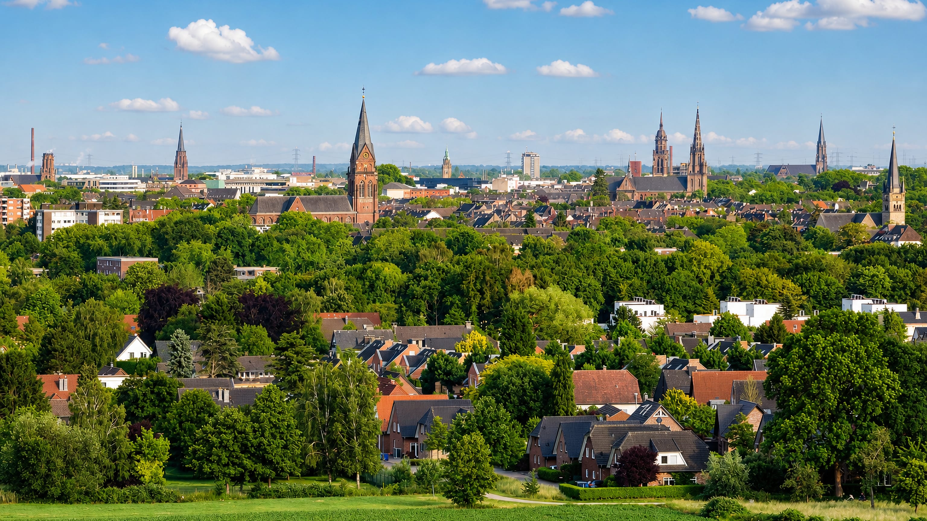 Krefeld's church spires and brick rooftops above wooded suburbs and open meadow on the Lower Rhine plain.