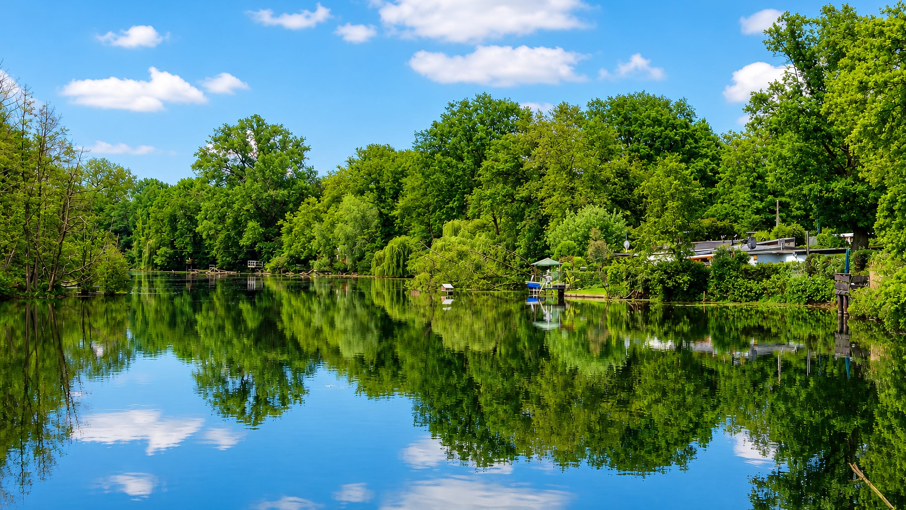 Tree-lined lake reflecting a summer sky at Traar on the wooded edge of Krefeld.