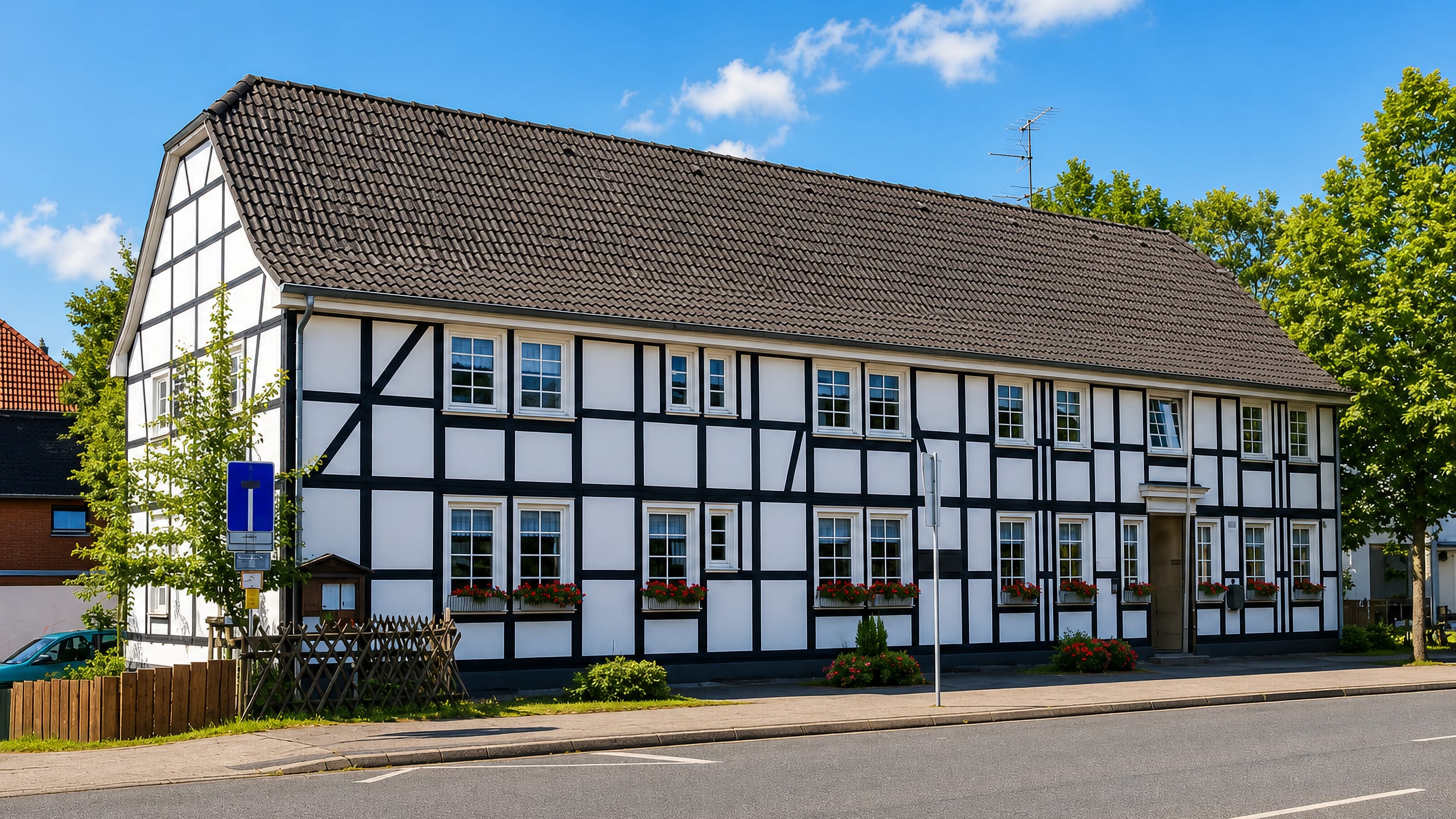 Half-timbered black-and-white Bergisch house with flower boxes on a quiet street in Langenfeld, Germany.