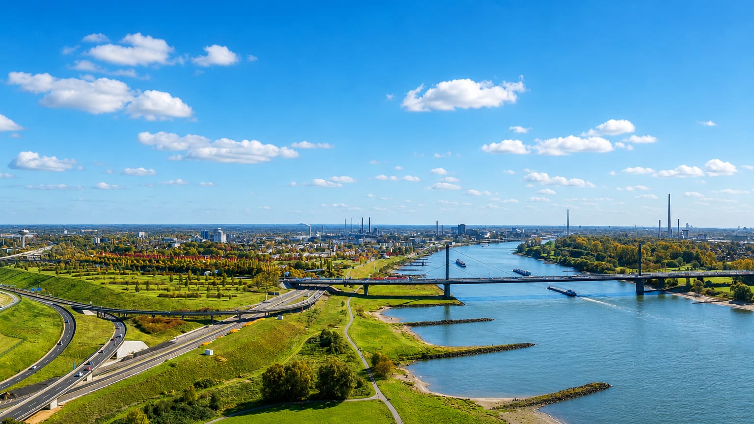 The Rhine curves past green banks toward Leverkusen's distant industrial chimneys.