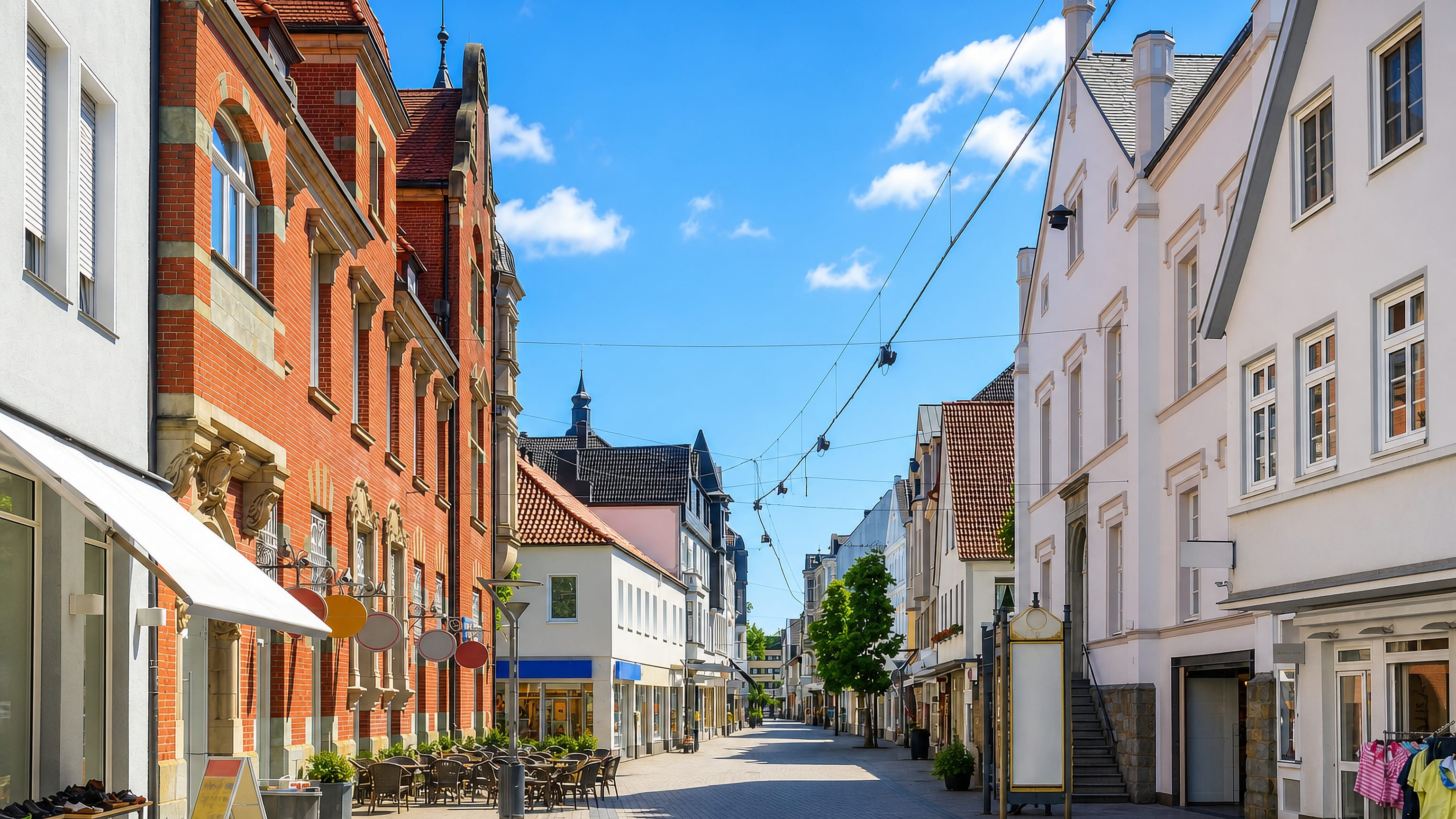 Pedestrian shopping street lined with brick and gabled townhouses and cafe tables in Lippstadt, Germany.