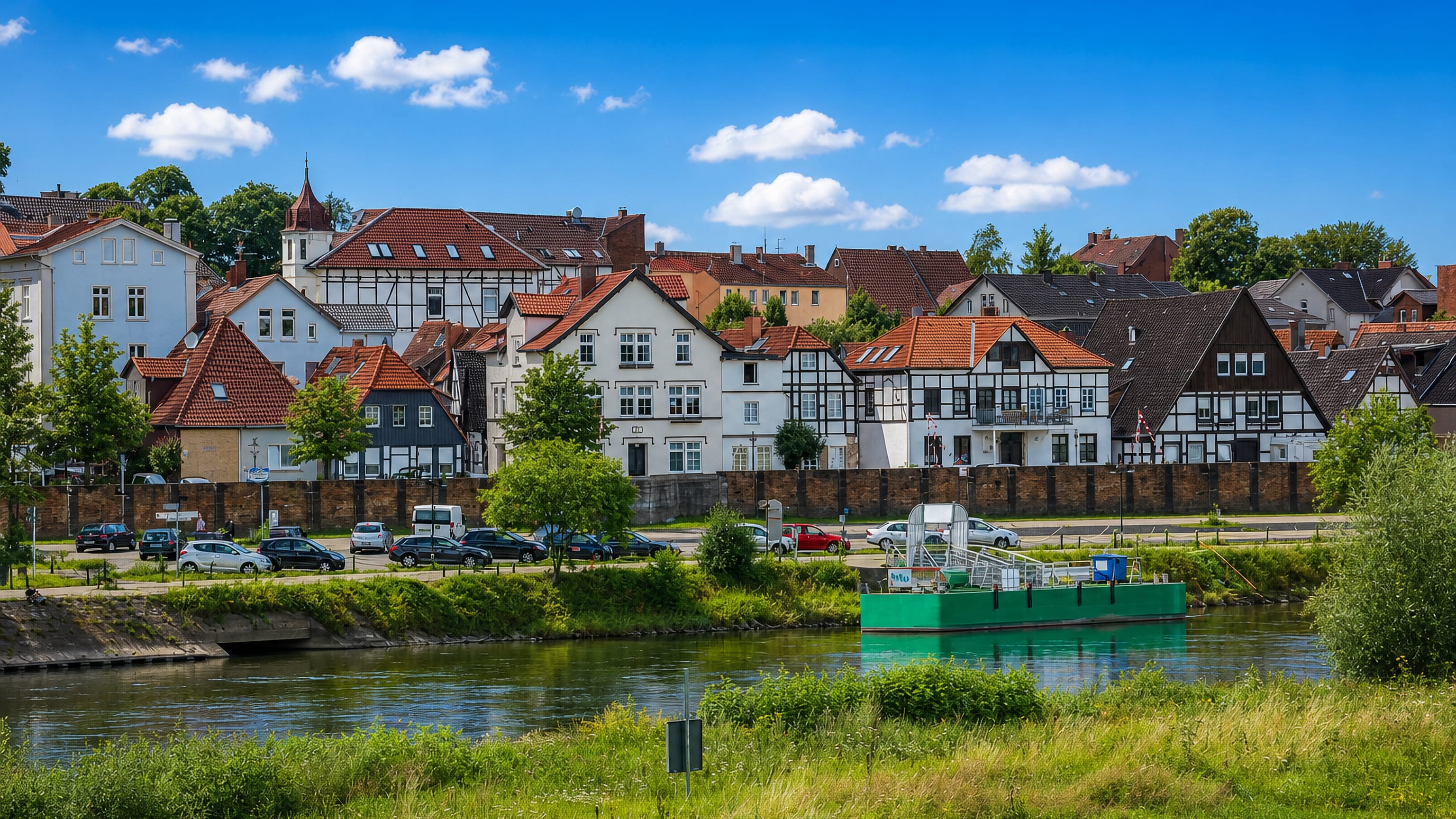 Half-timbered houses of Minden's Fischerstadt quarter lining the Weser behind the flood wall.