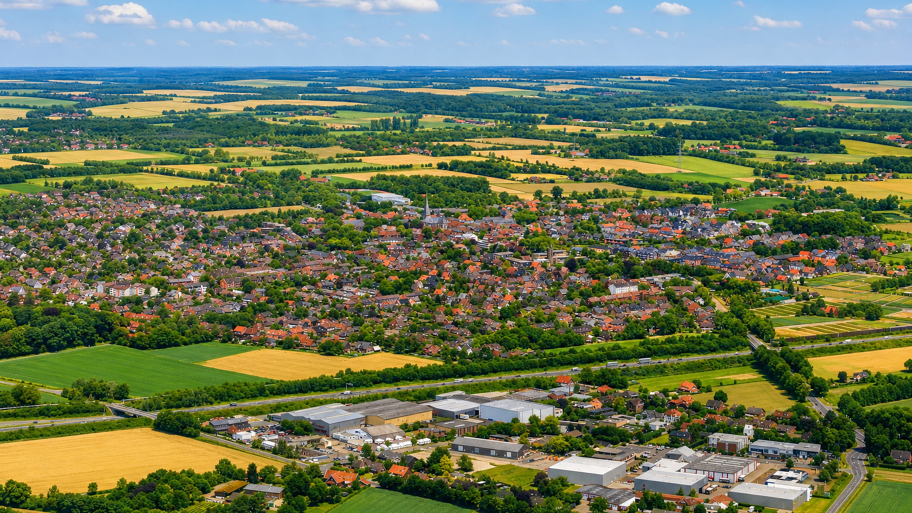 Aerial view of Roxel near Munster, its church spire and rooftops ringed by Munsterland fields