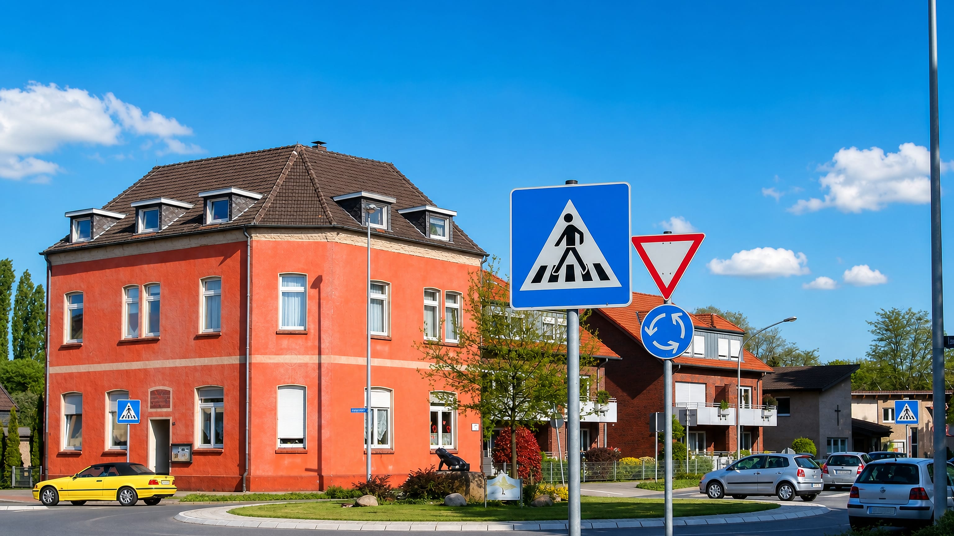 Red corner building at a roundabout in Biefang, Oberhausen, with German road signs and parked cars.