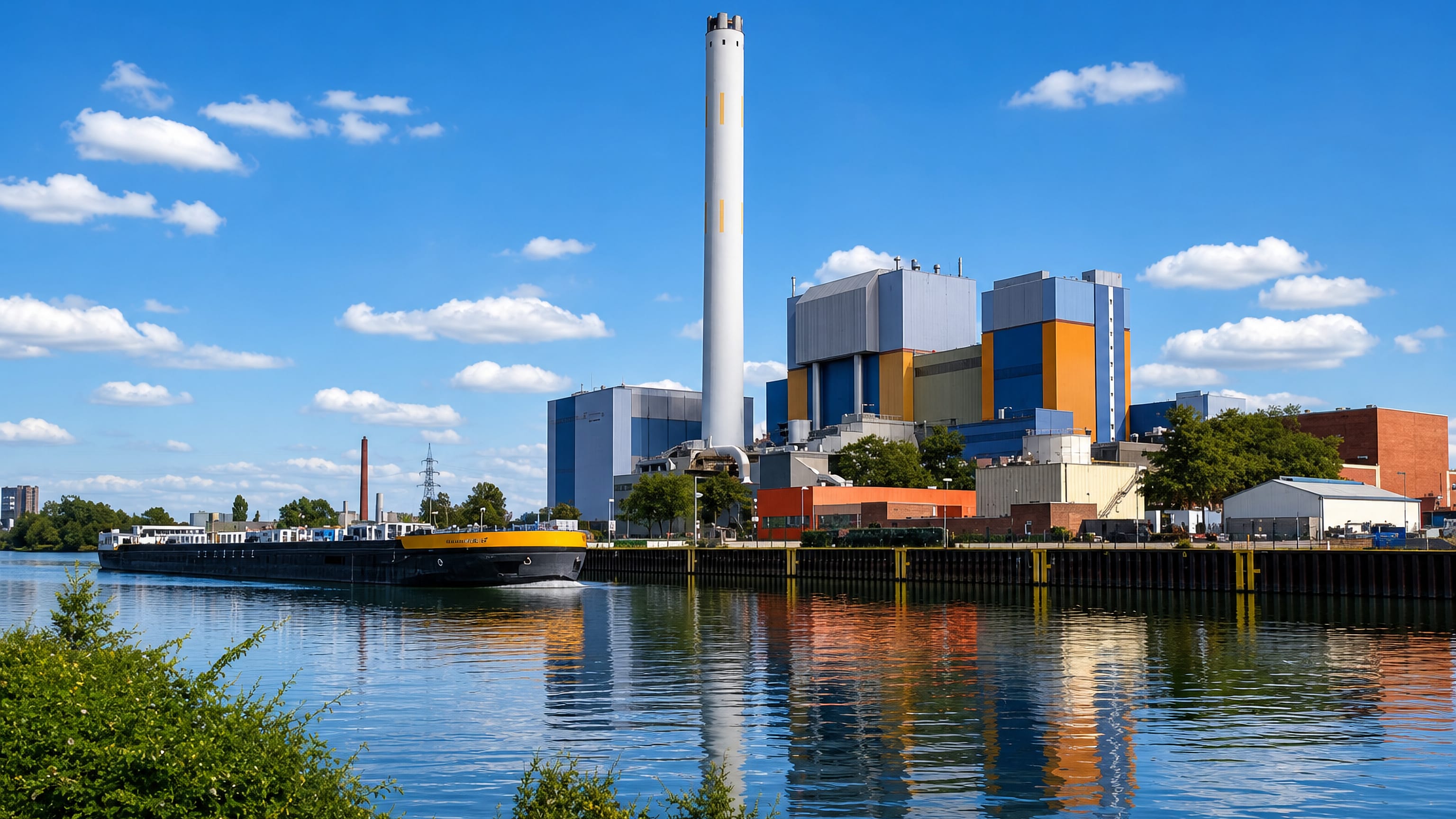 Cargo barge on a canal beside a colourful industrial power plant in Oberhausen, Germany