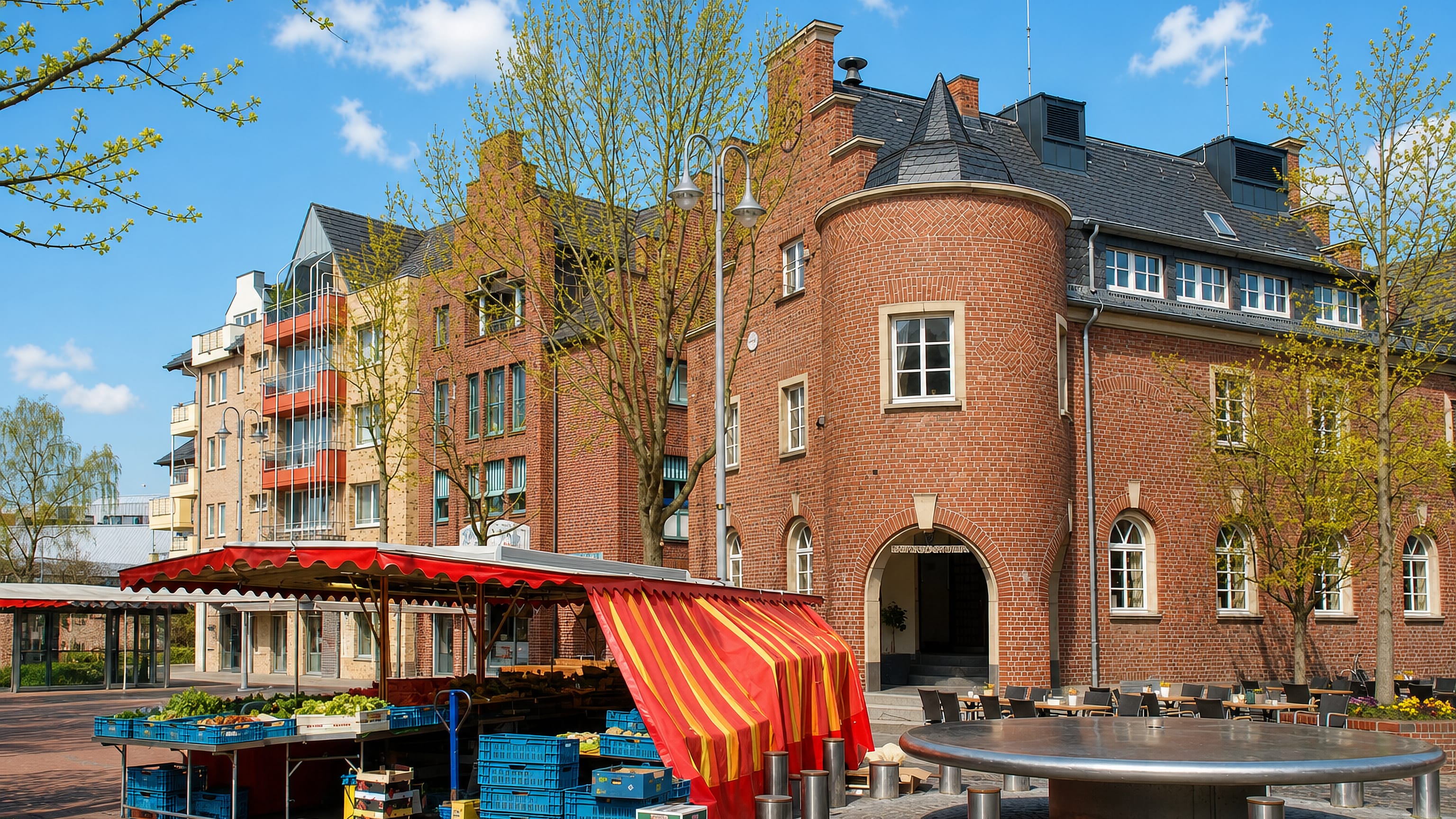 Market stall under a red awning on a brick-paved square beside a turreted brick building in Pulheim, Germany.