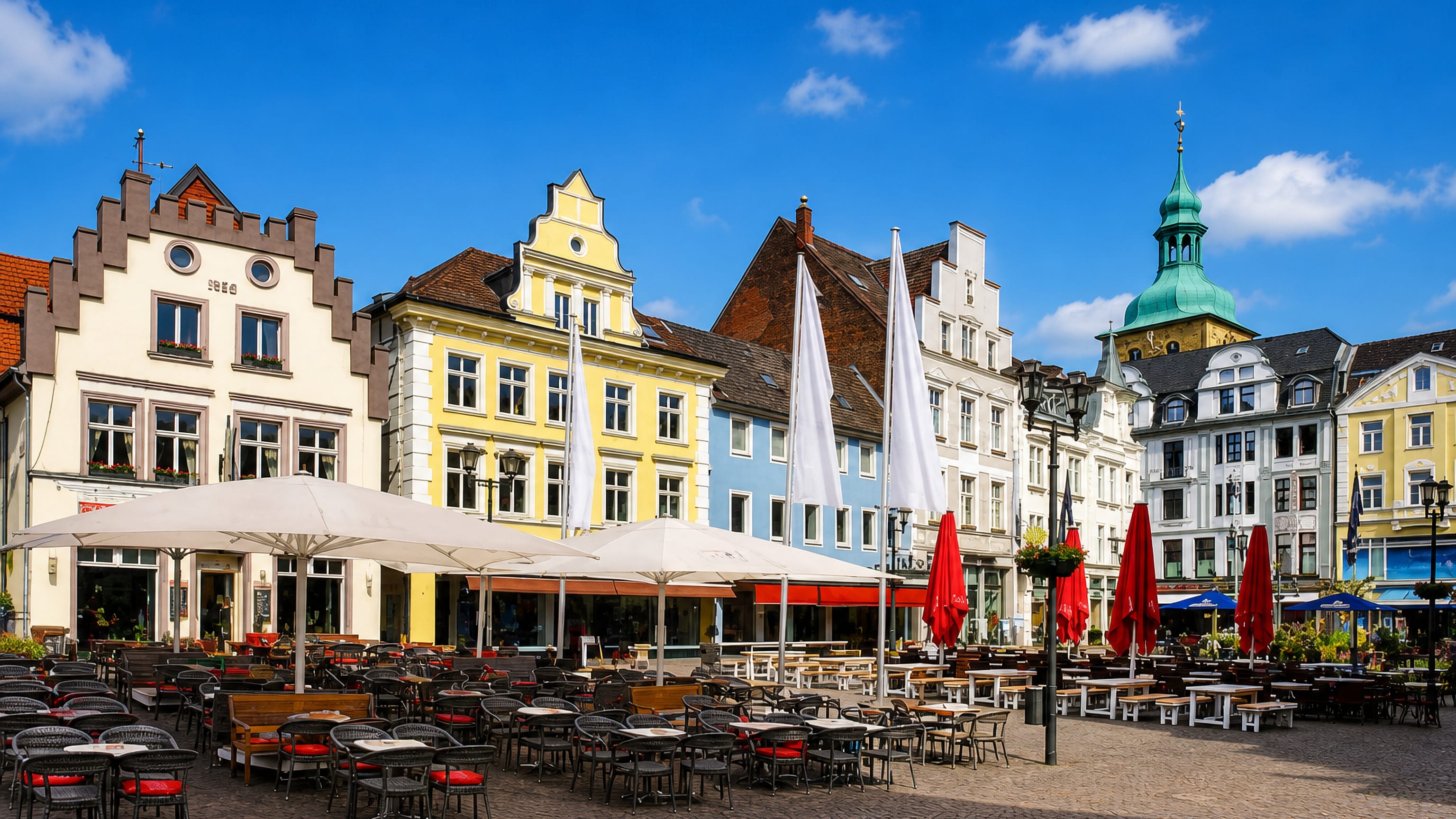Café tables and gabled townhouses on the market square in Recklinghausen, Germany, below a green church tower