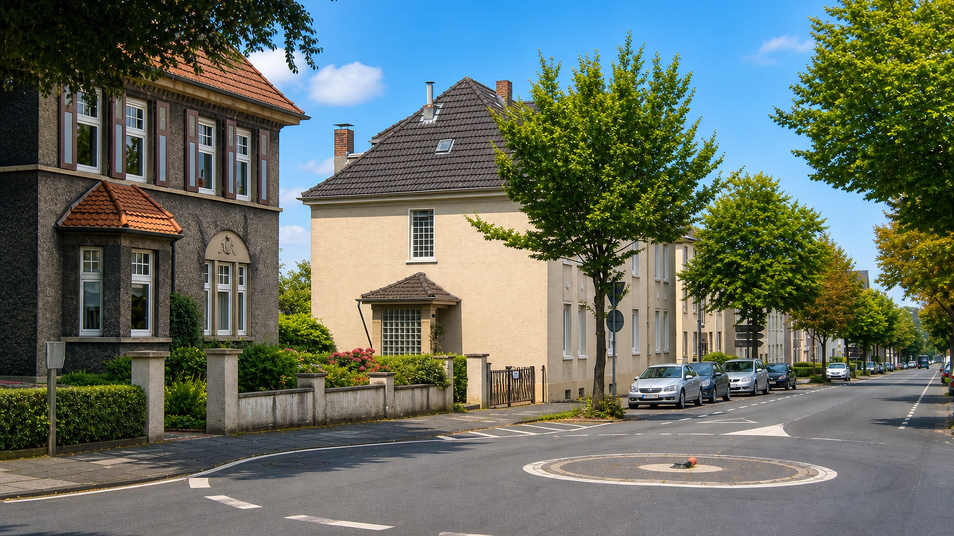 Quiet street of early 20th-century villas and stucco houses in Recklinghausen Ost.