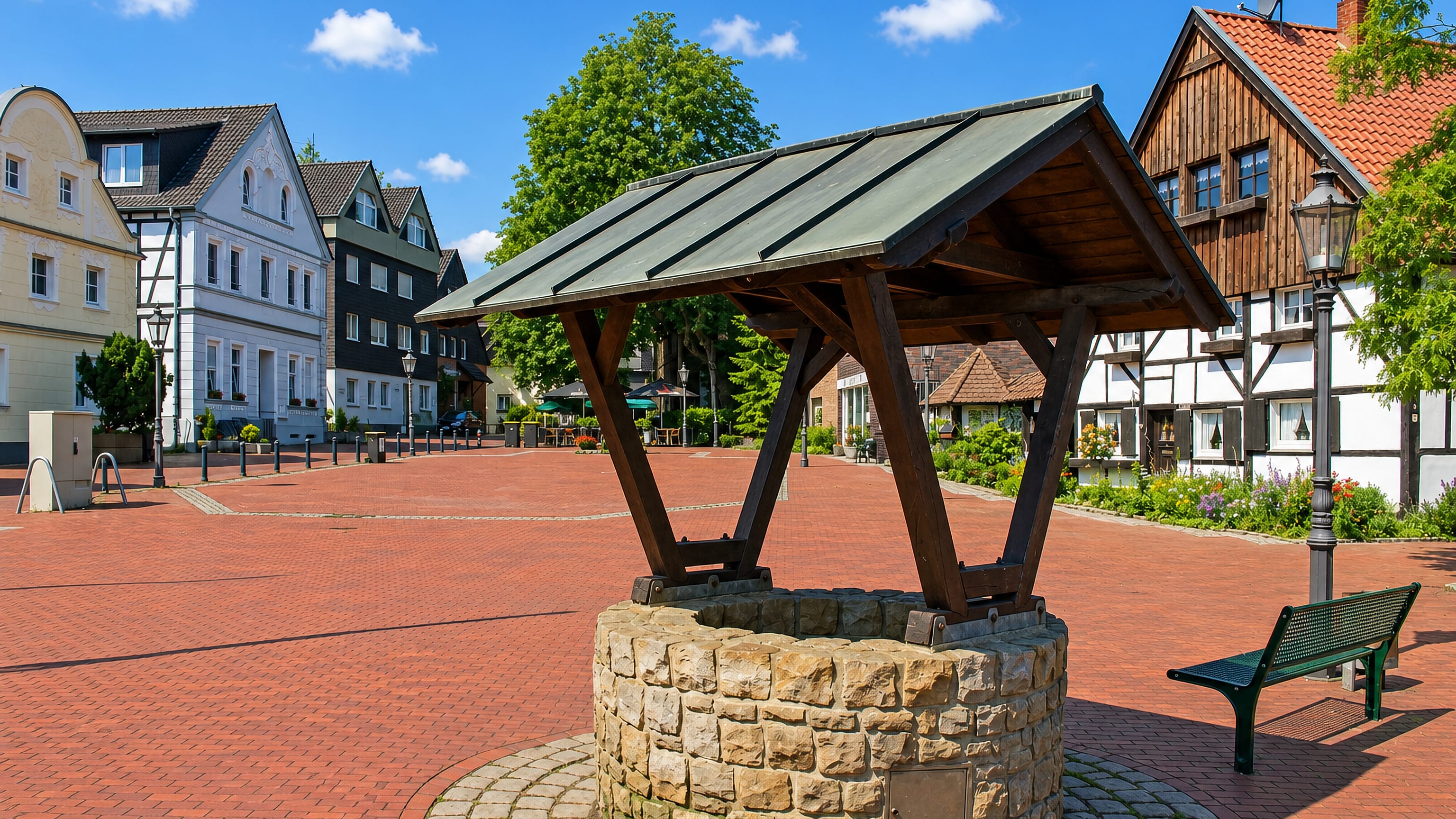 Suderwich's brick-paved village square with its covered stone well and half-timbered Westphalian houses