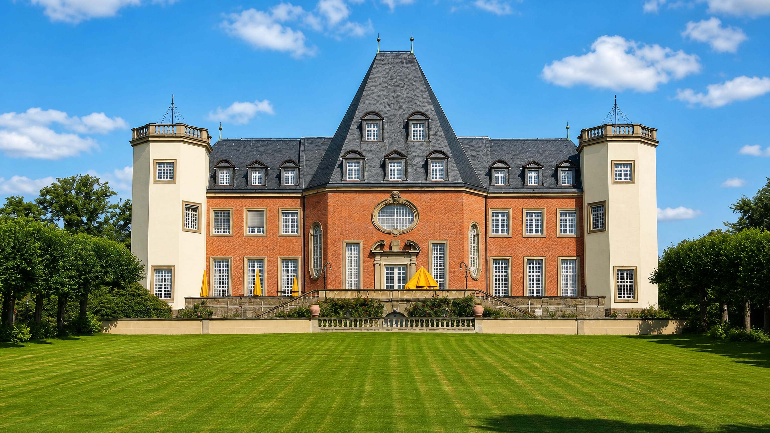 Baroque red-brick manor house with pale corner towers behind a wide striped lawn in Sankt Augustin, Germany.