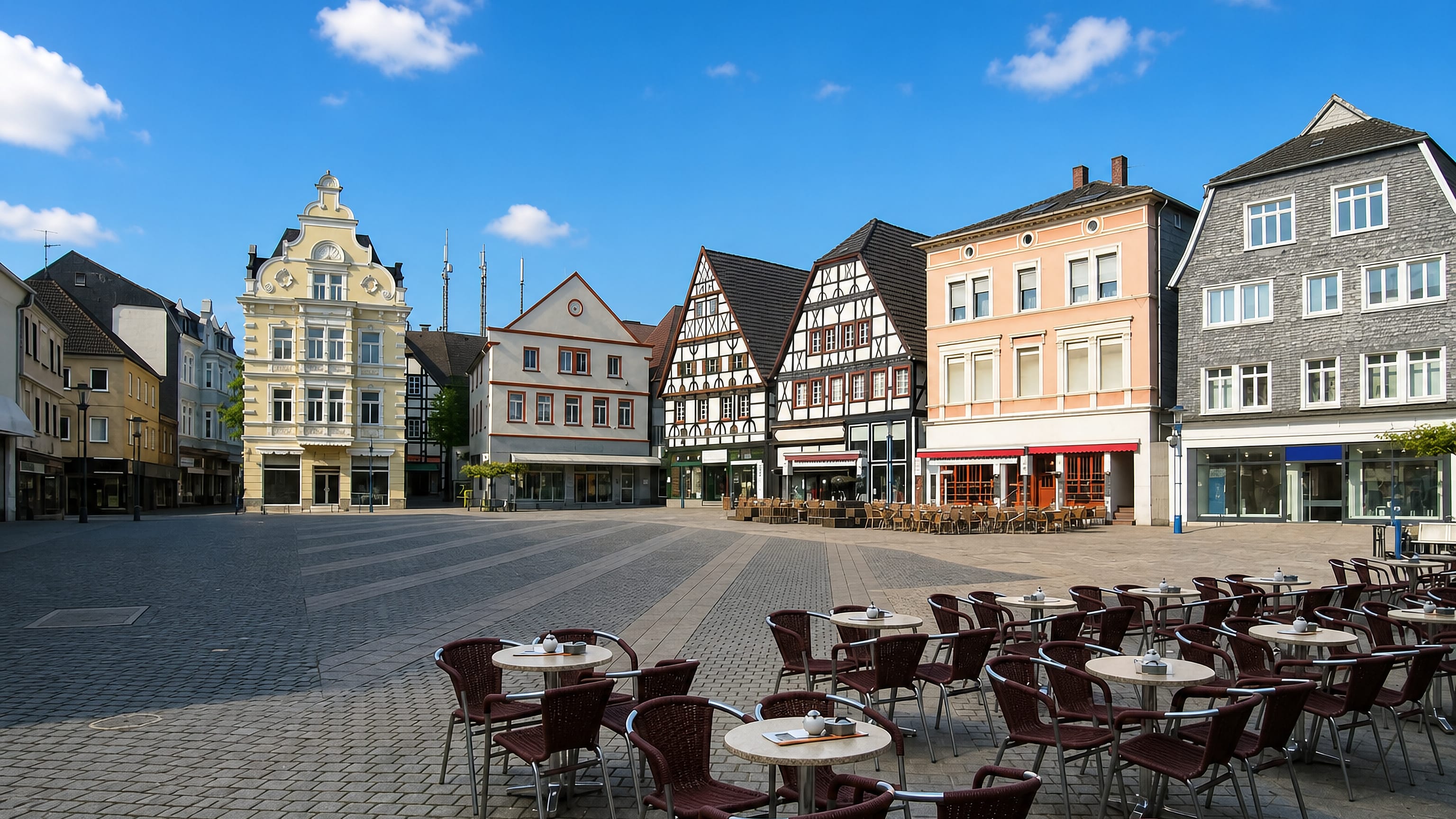 Gabled and half-timbered houses with cafe tables on the market square in Unna, North Rhine-Westphalia.