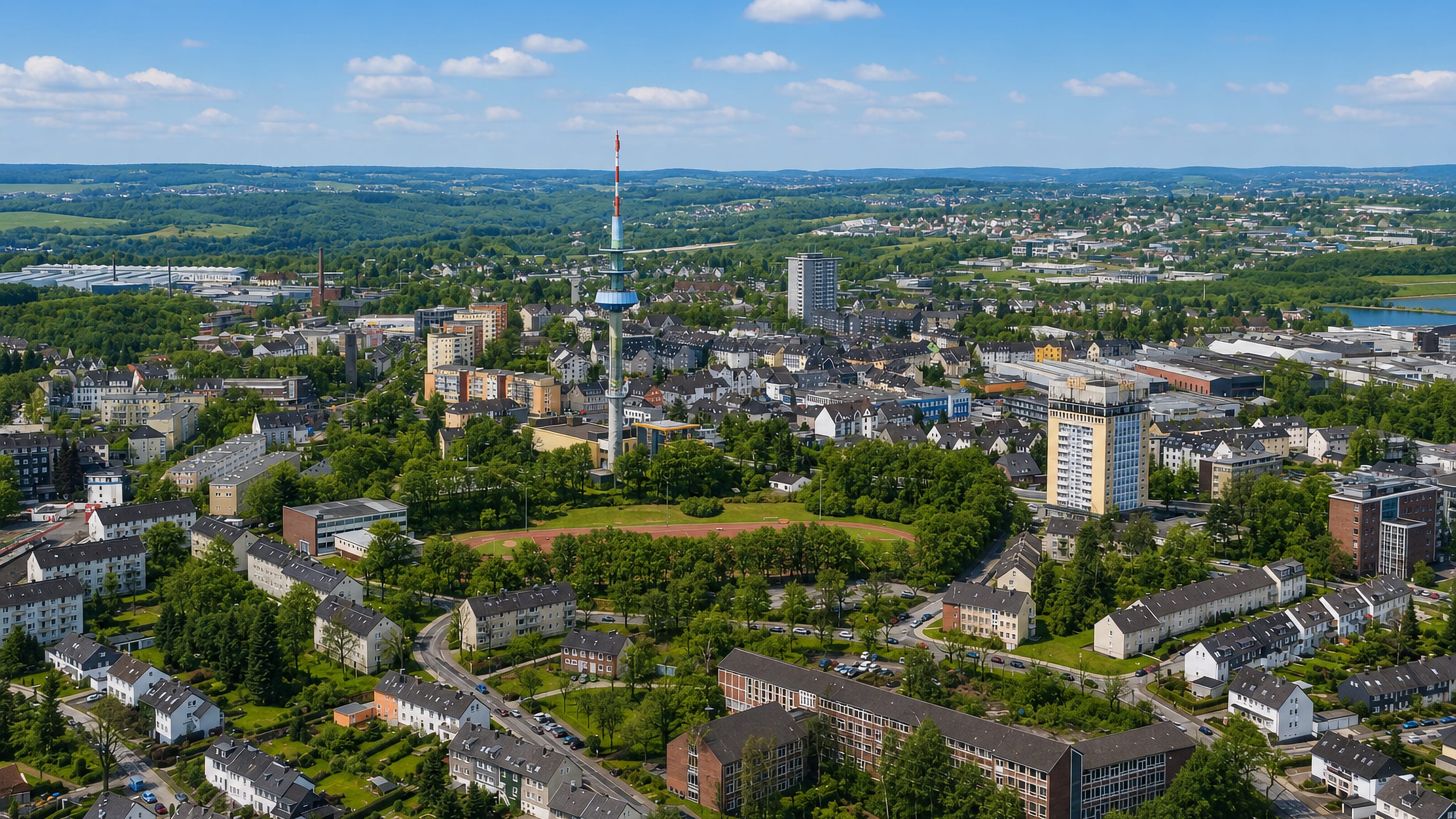 Aerial view over Velbert, Germany, with a telecom tower rising above slate-roofed housing and wooded hills