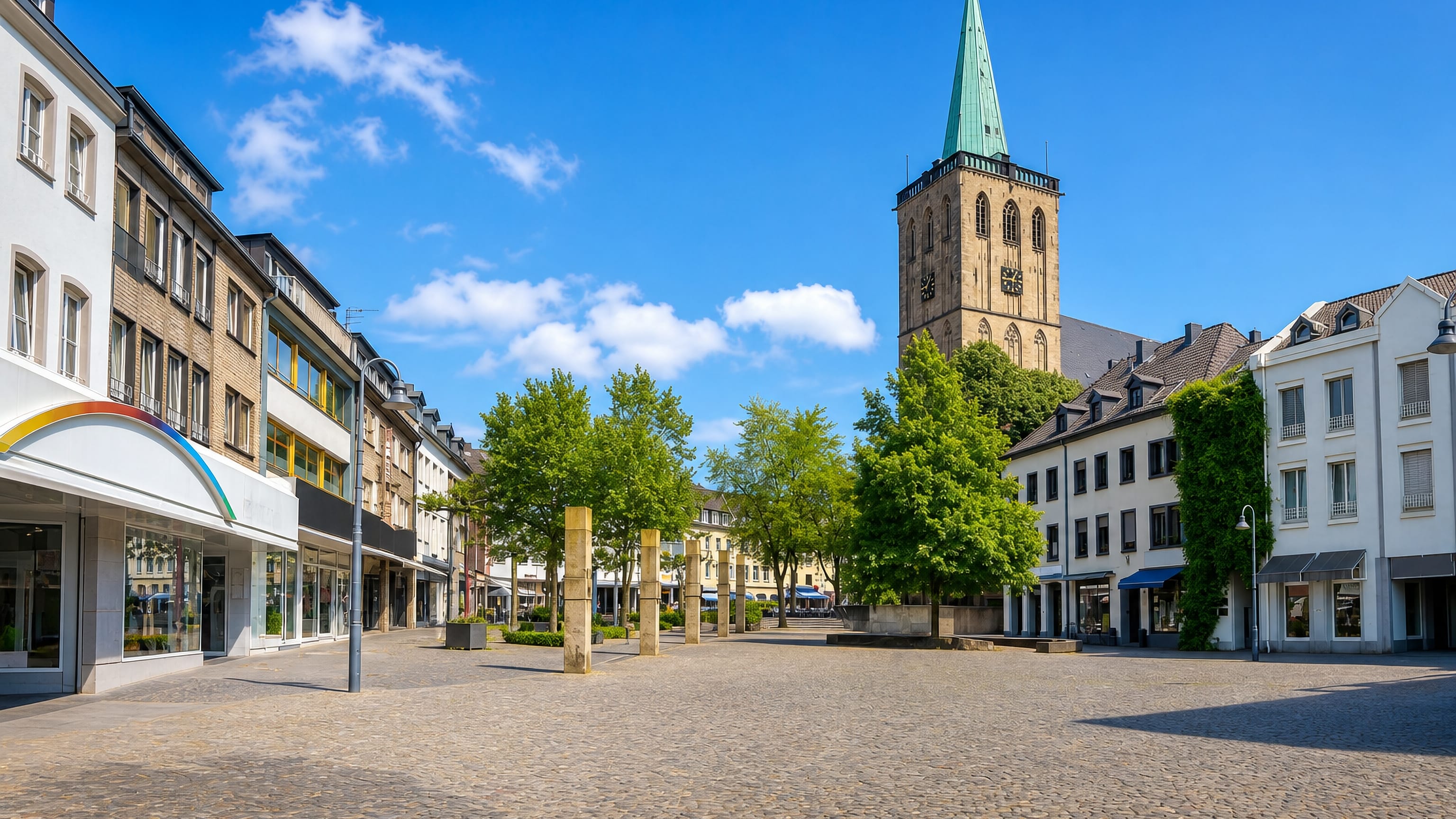 Cobbled pedestrian square in Viersen, Germany, ringed by shops and trees below a tall green-spired church tower.