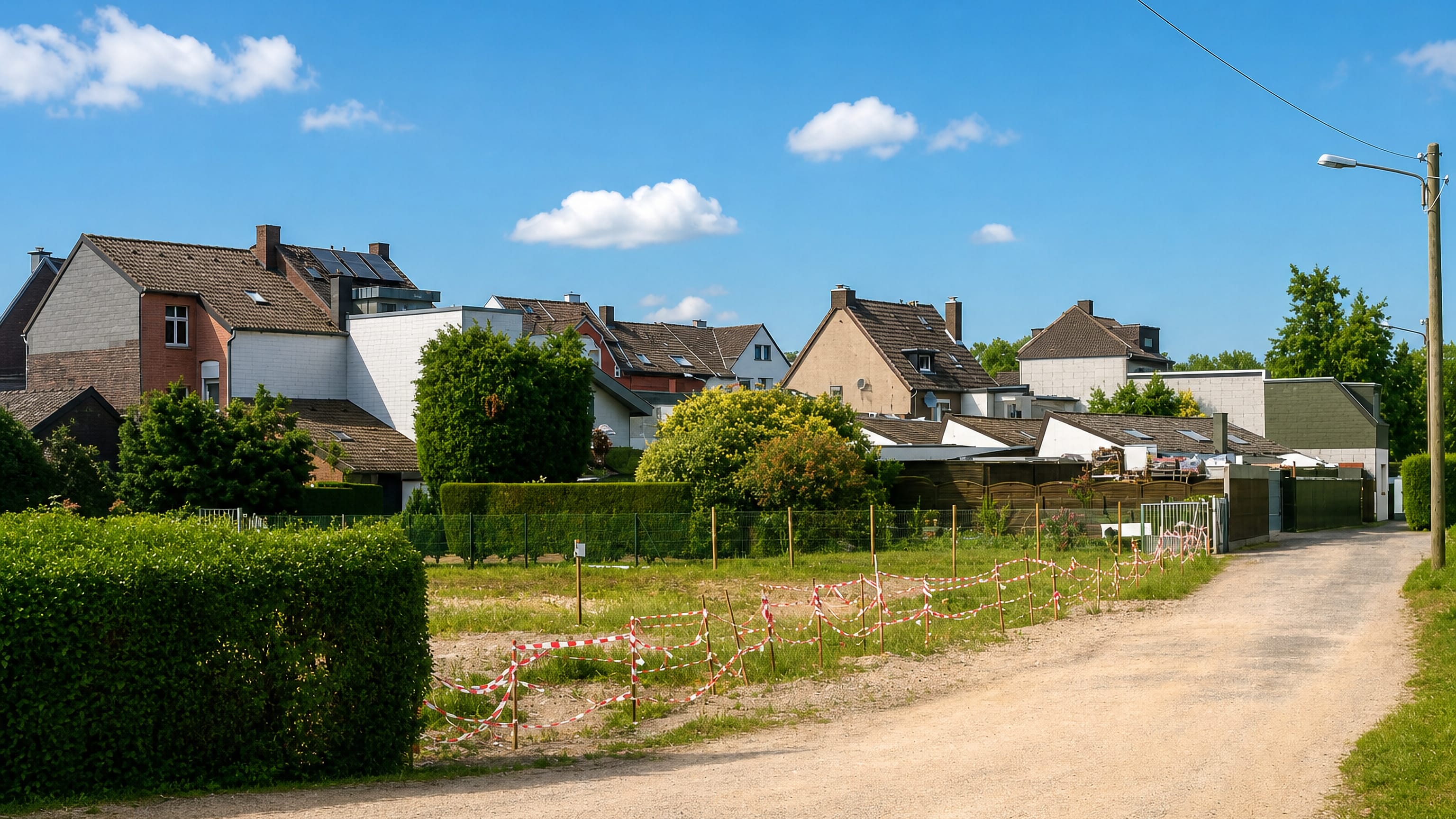 Gravel lane past a taped-off plot and the gabled roofs of houses in Hulsdonk, Viersen.