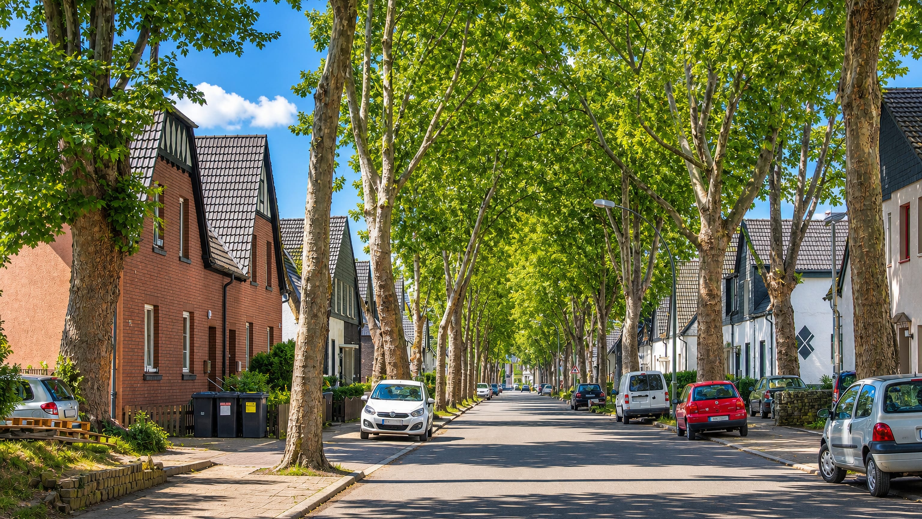 Plane-tree-lined residential street with brick gabled houses in Leithe, Wattenscheid.