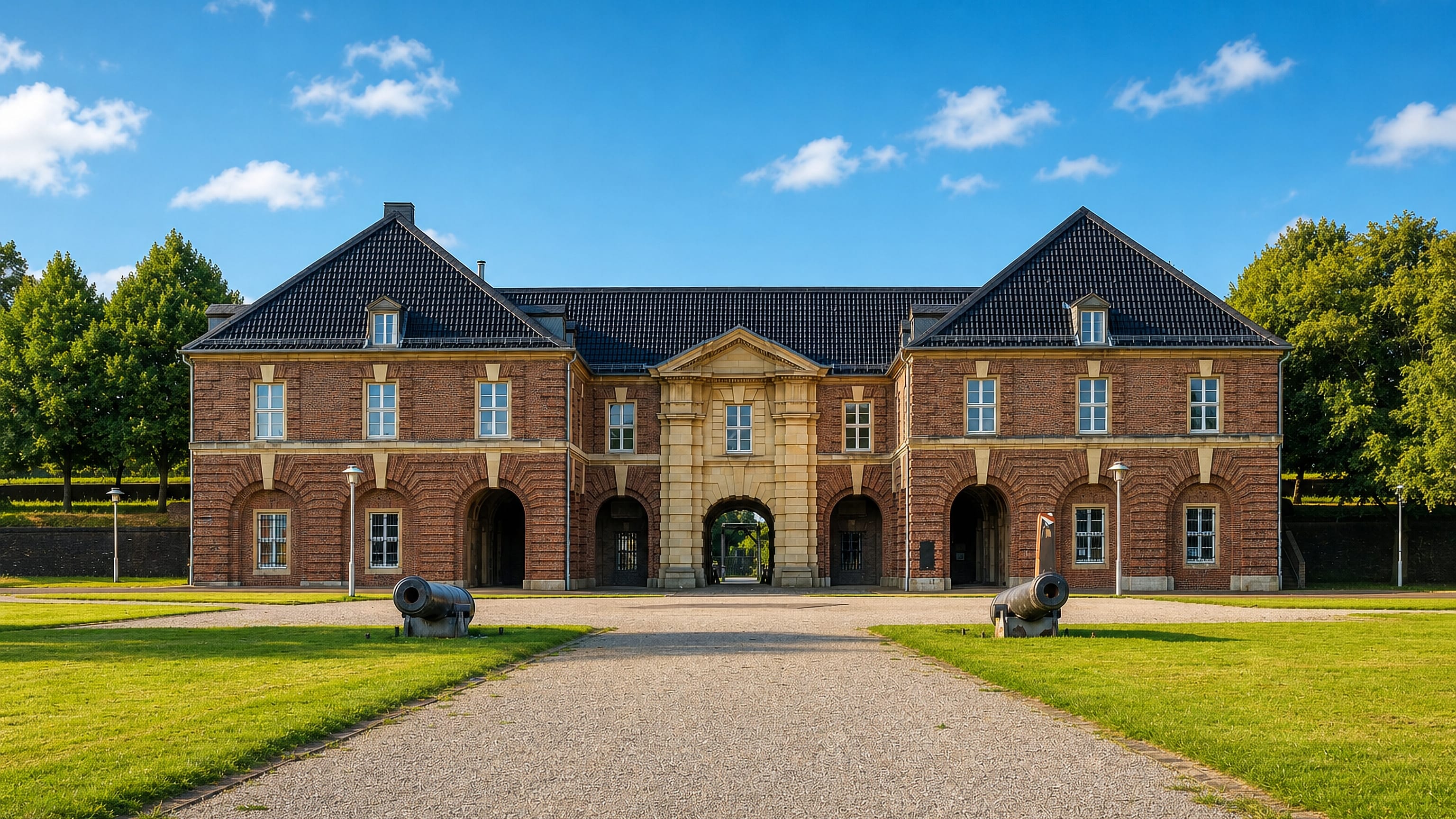 Brick gatehouse of the Wesel citadel in Germany, flanked by cannons at the end of a gravel avenue.
