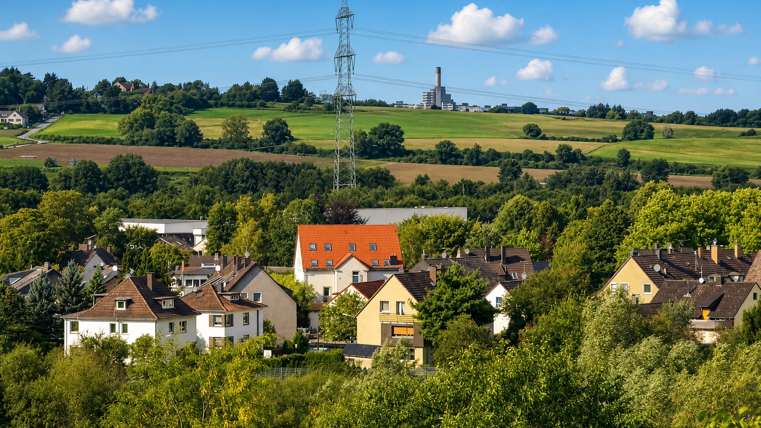 Pitched-roof houses among trees below fields and a power pylon in Heven, Witten.