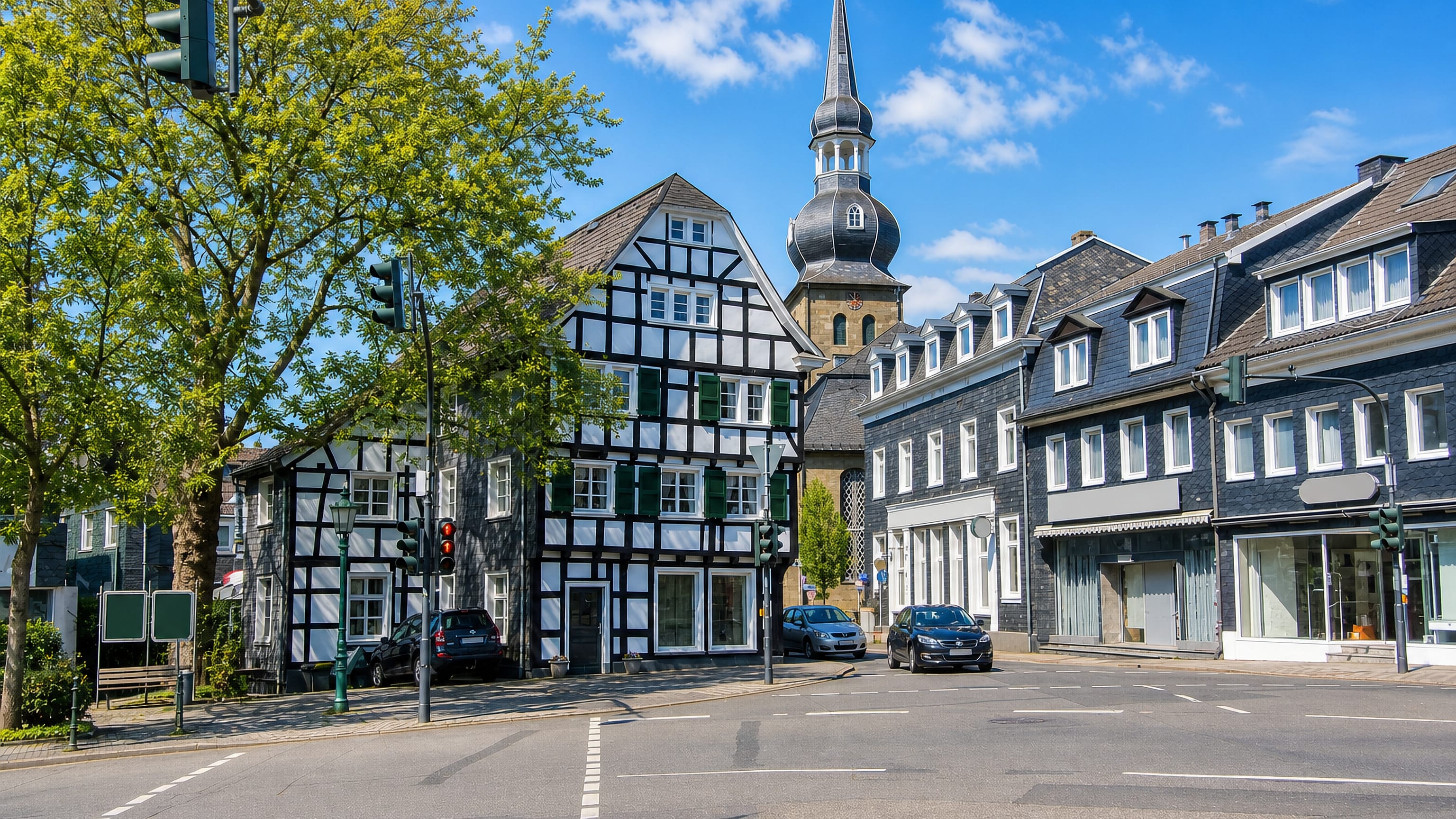 Half-timbered and slate-clad Bergisch houses beside the church spire in Cronenberg, Wuppertal.