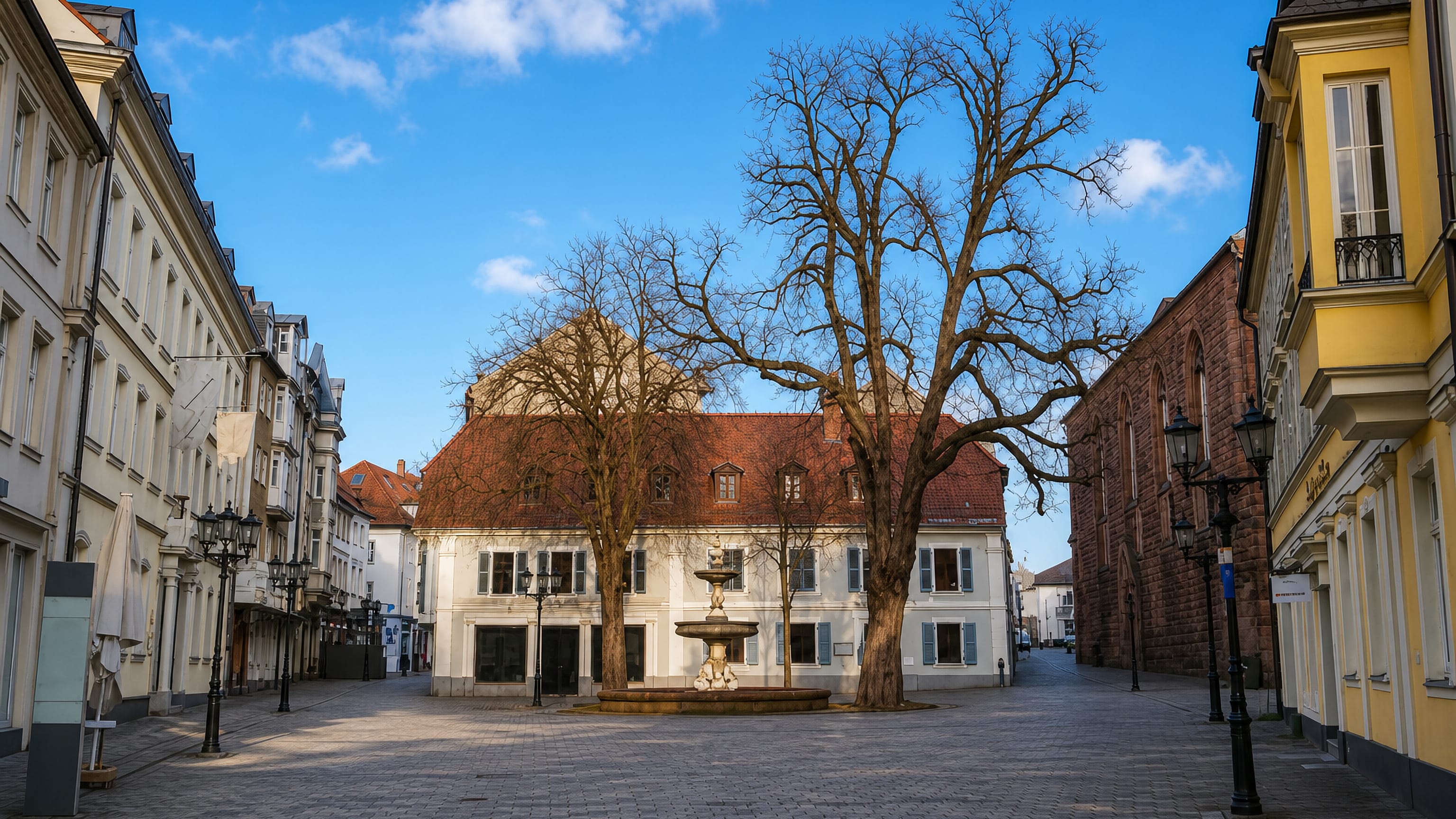 A cobbled square in Kaiserslautern's old town with a tiered stone fountain and bare trees by a sandstone church.