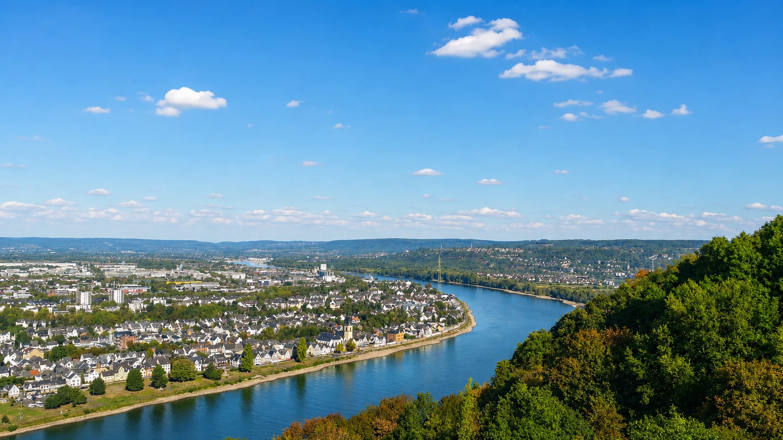 A town spread along a bend of the Rhine river with wooded hills beyond, near Koblenz, Germany.