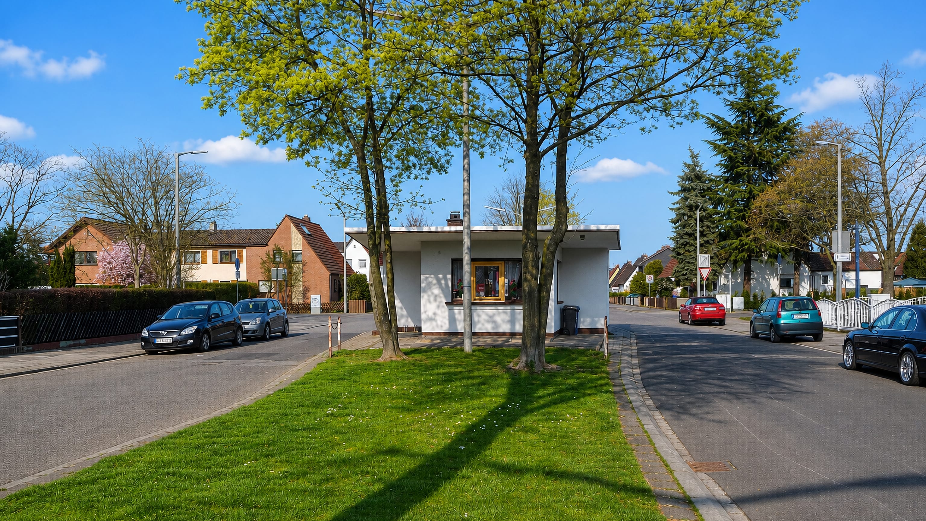 Quiet residential street with a grass verge and post-war houses in Gartenstadt, Ludwigshafen am Rhein.