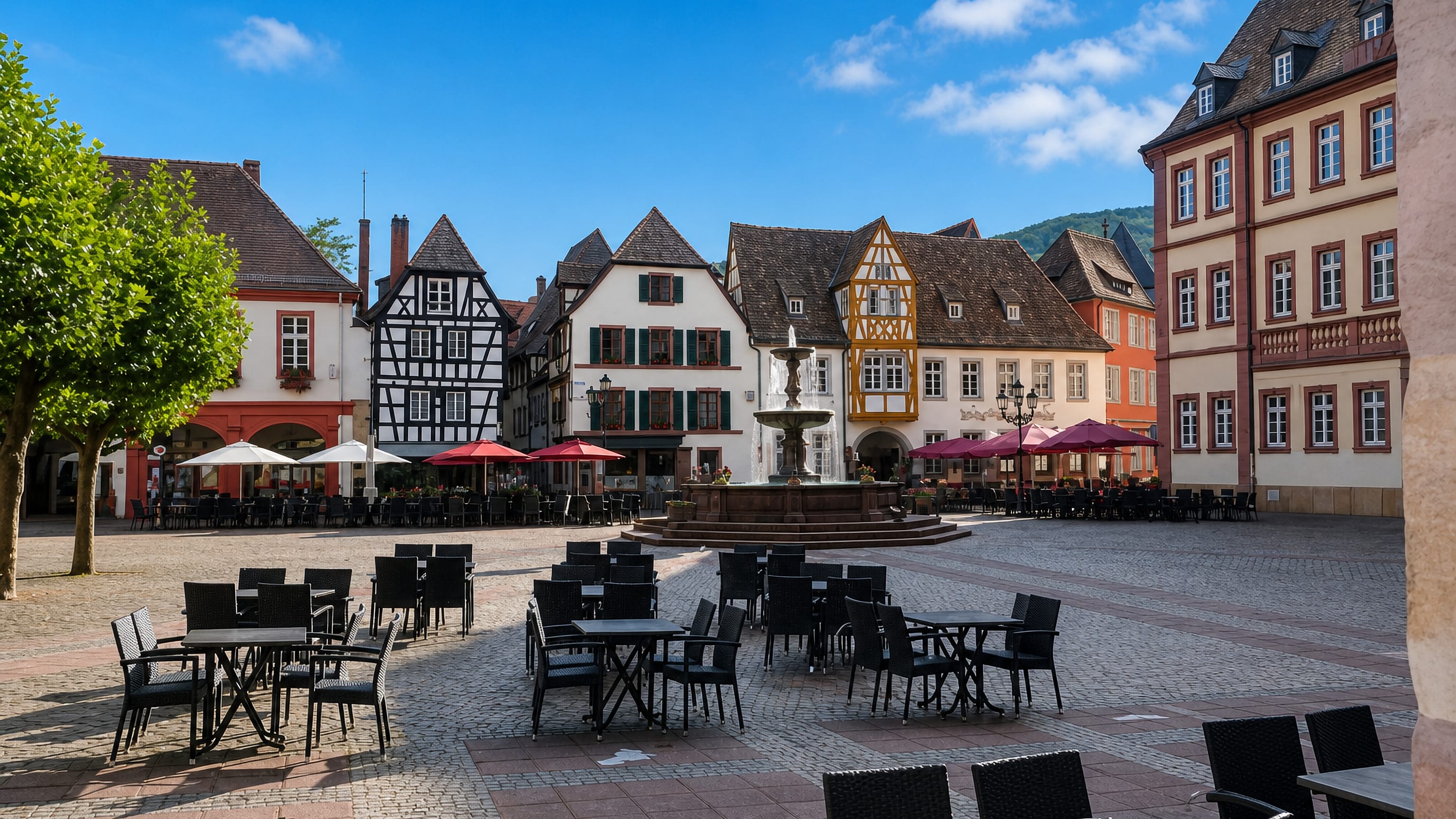 Marktplatz in Neustadt an der Weinstraße lined with half-timbered houses, a stone fountain and cafe terraces.