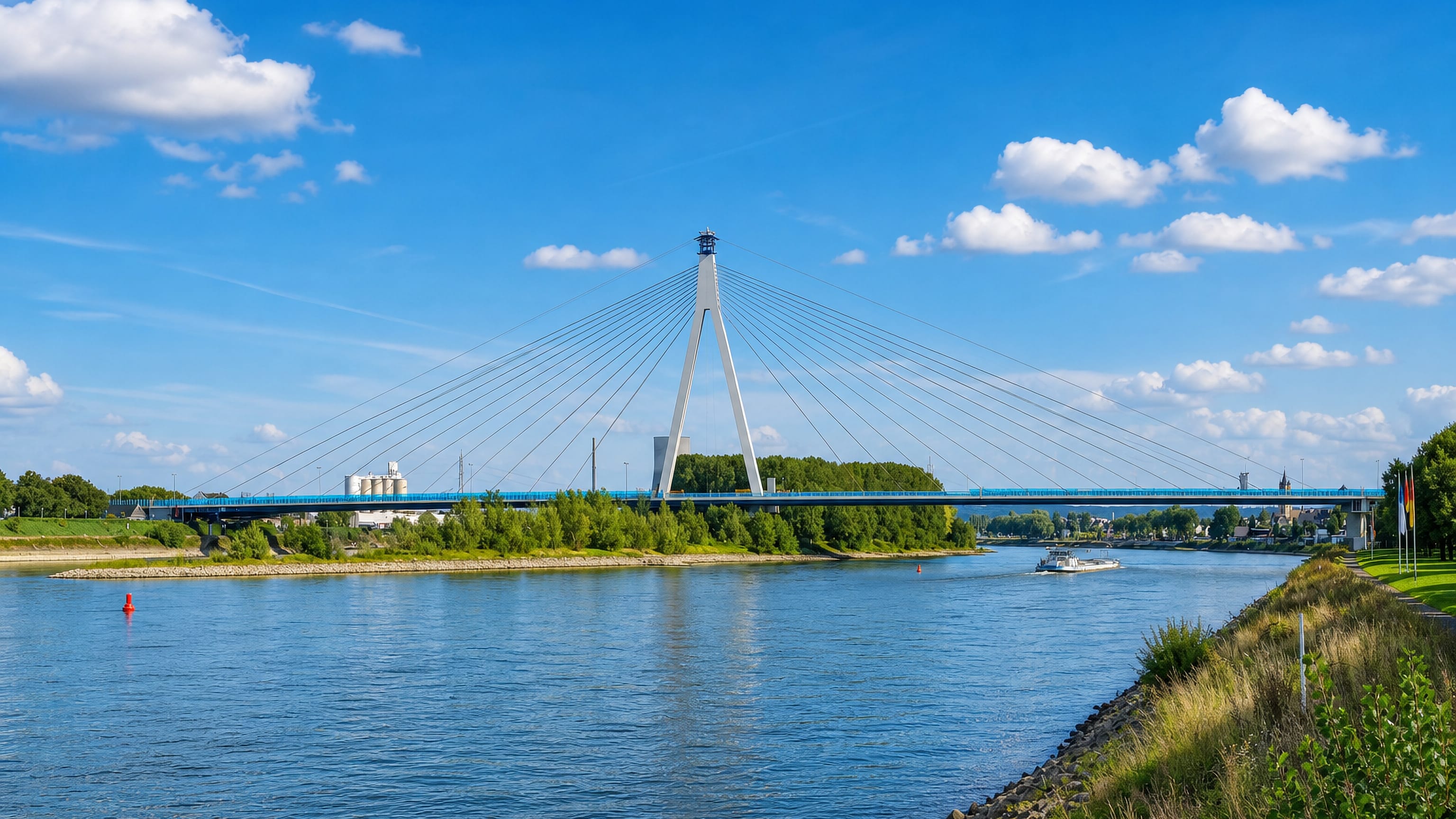 A cable-stayed bridge spanning the Rhine at Neuwied, Germany, with a cargo barge passing downstream.