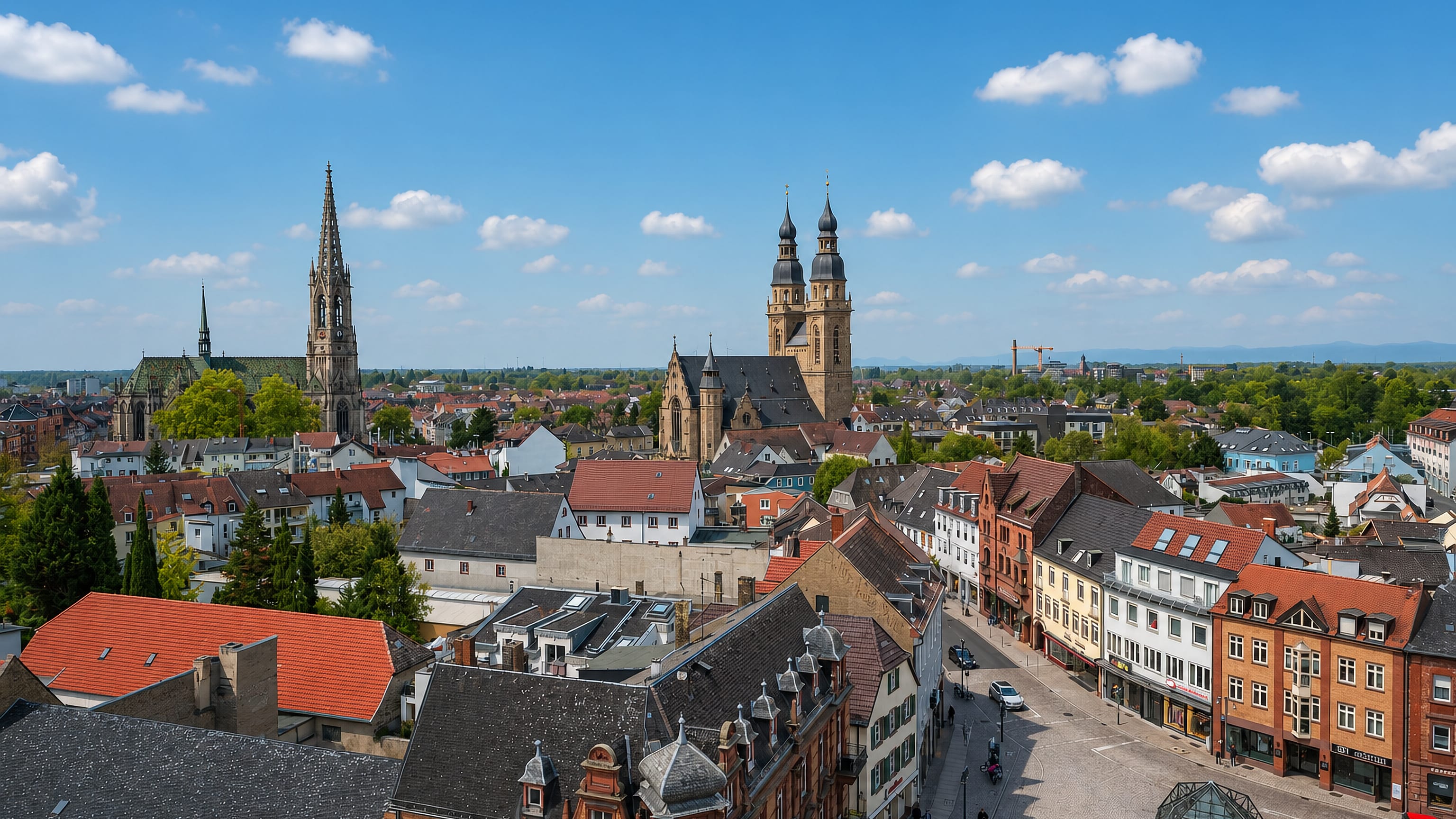 Rooftops of Speyer with the Gedaechtniskirche spire and twin church towers rising above the old town