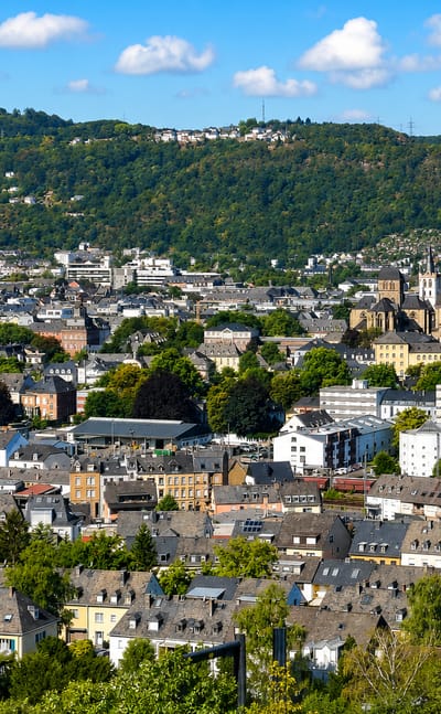 Trier's rooftops and the twin-towered cathedral below wooded hills under a blue sky.