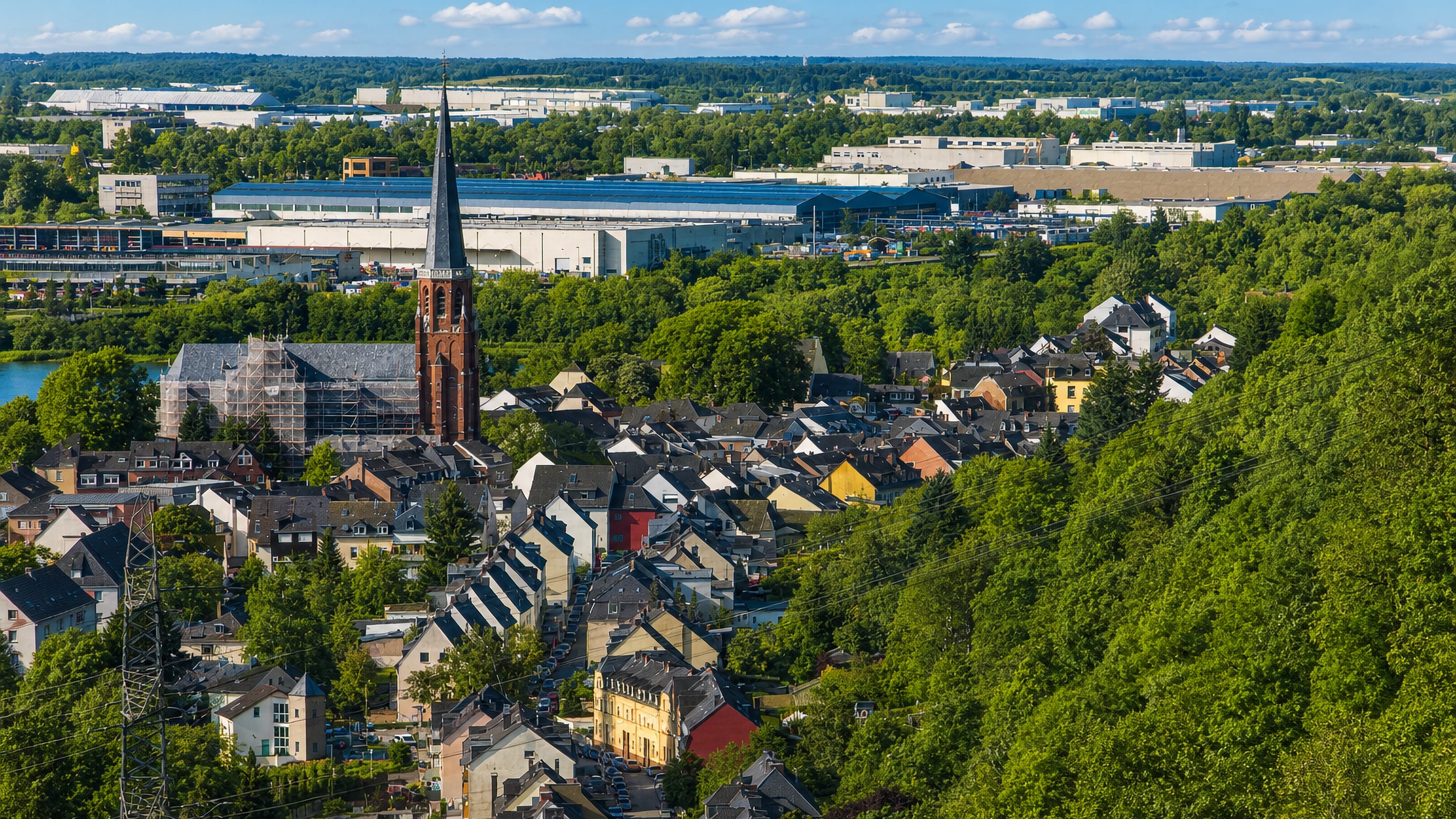 Hillside view over Euren's rooftops and scaffolded church tower toward Trier's industrial estate.