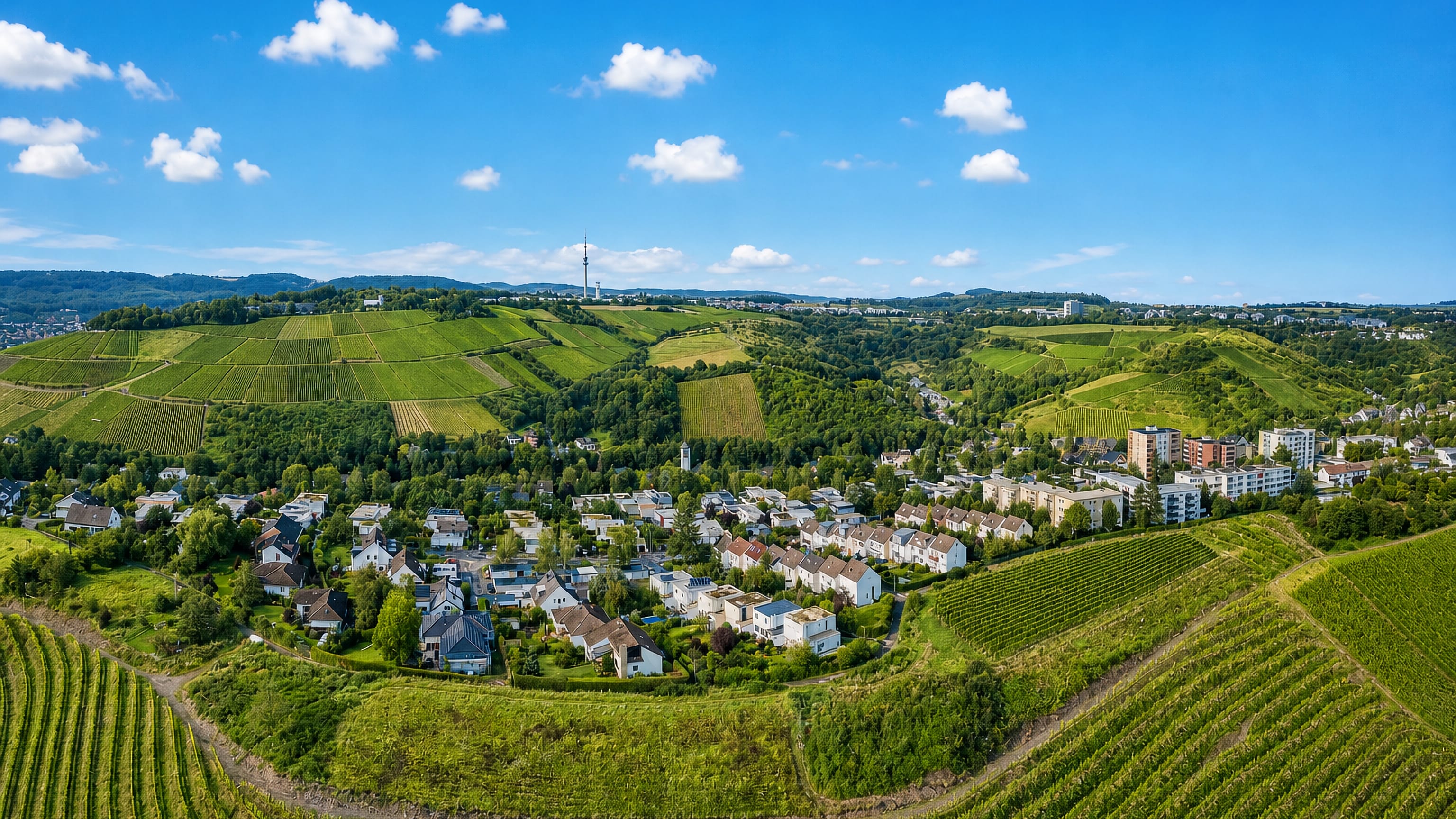 Vineyard slopes ringing the houses of Olewig in Trier, with the city's television tower on the ridge beyond.